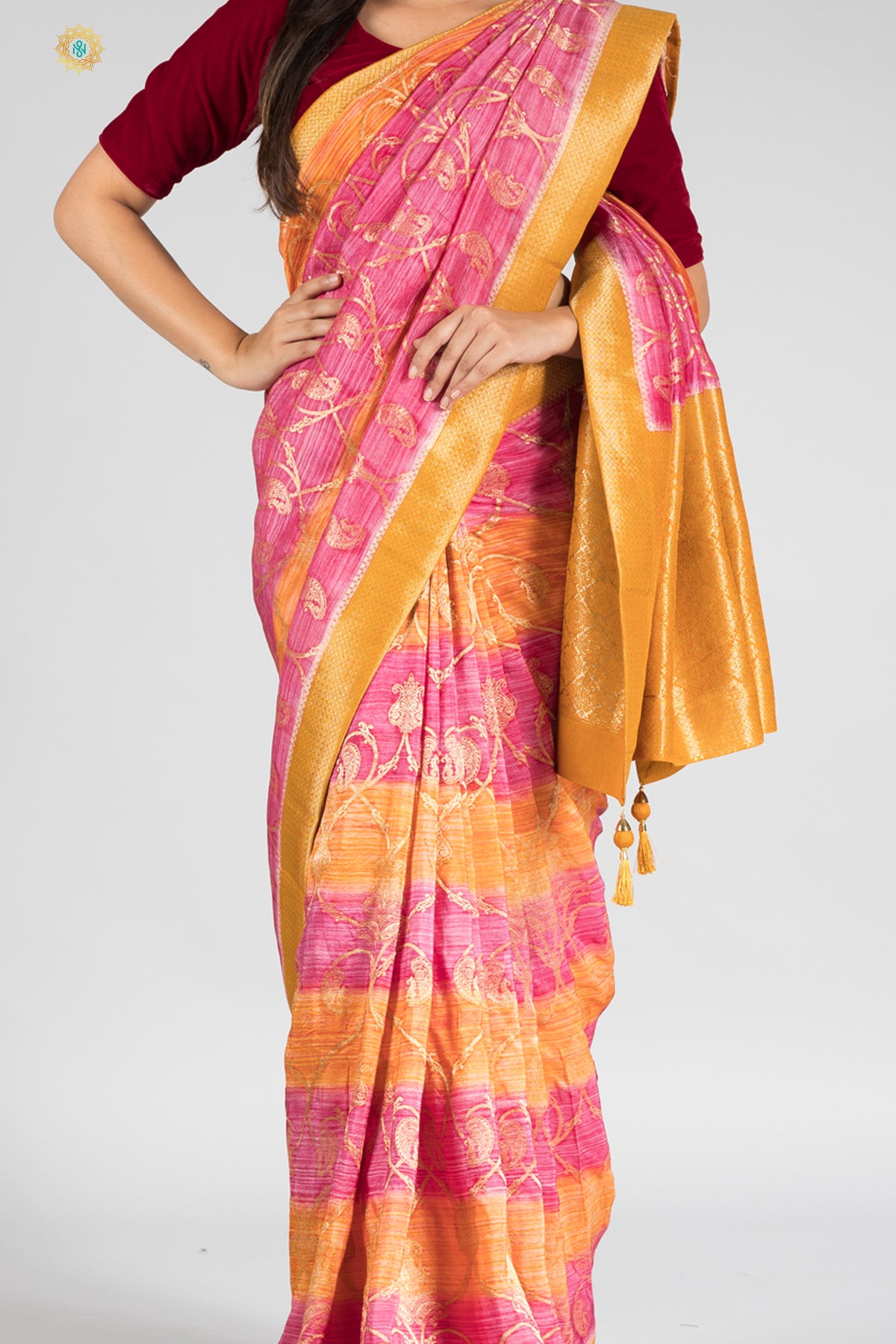 Tvis and Bliss. Yellow and Pink Bandhani Georgette Saree