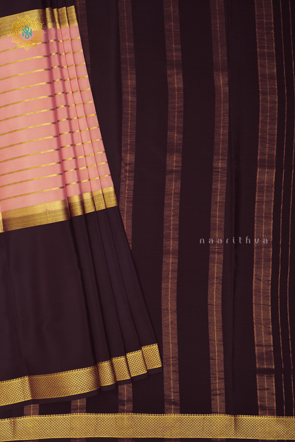 PEACH WITH BROWN - PURE MYSORE CREPE SILK