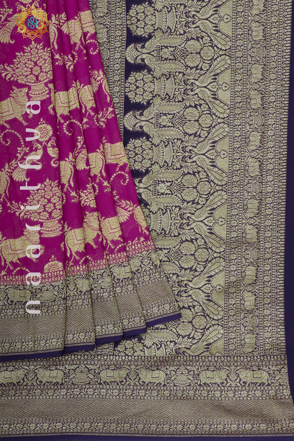 PINK WITH NAVY BLUE - PURE BANARASI KHADDI GEORGETTE