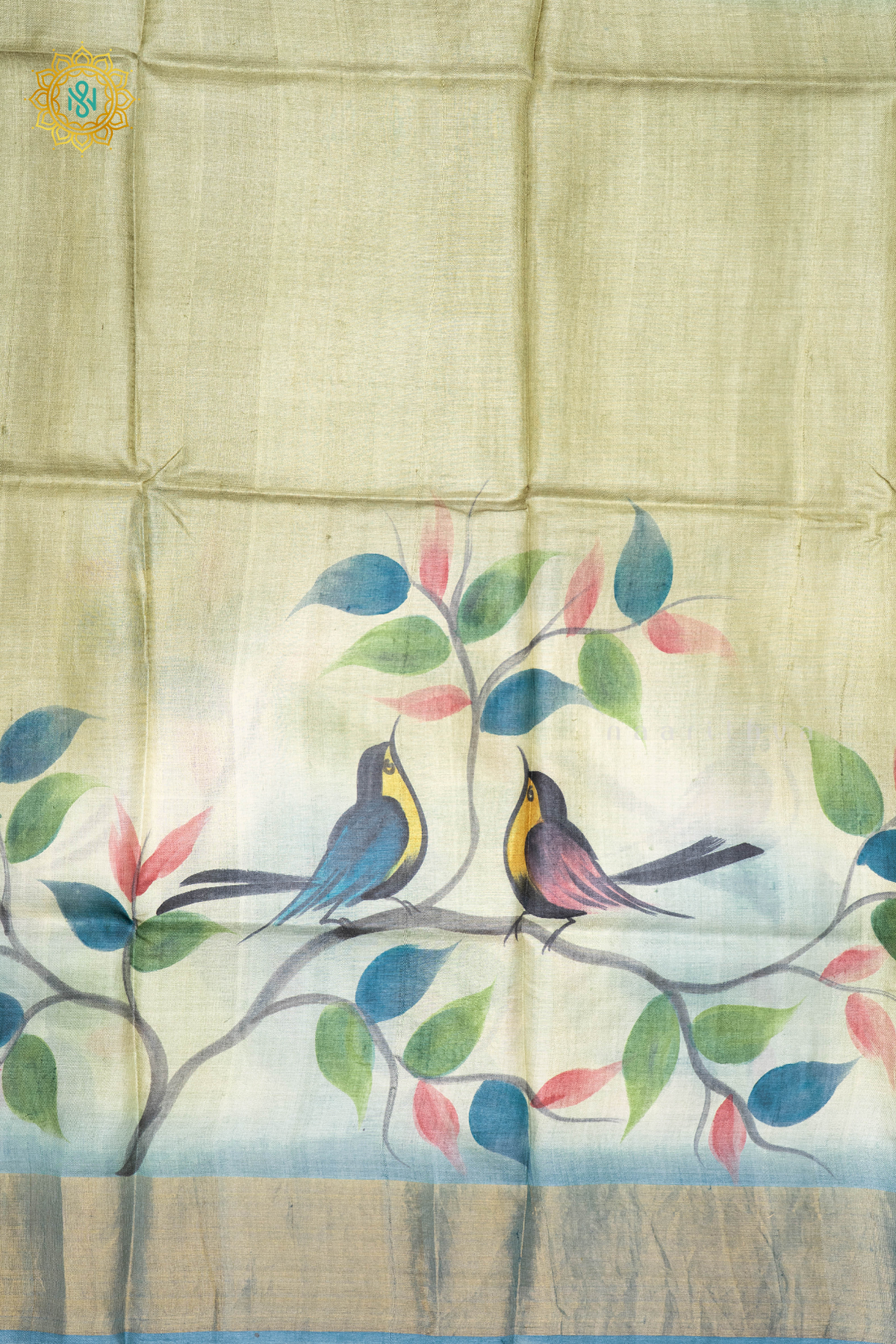 SAGE GREEN WITH AQUA BLUE - PURE TUSSAR SILK