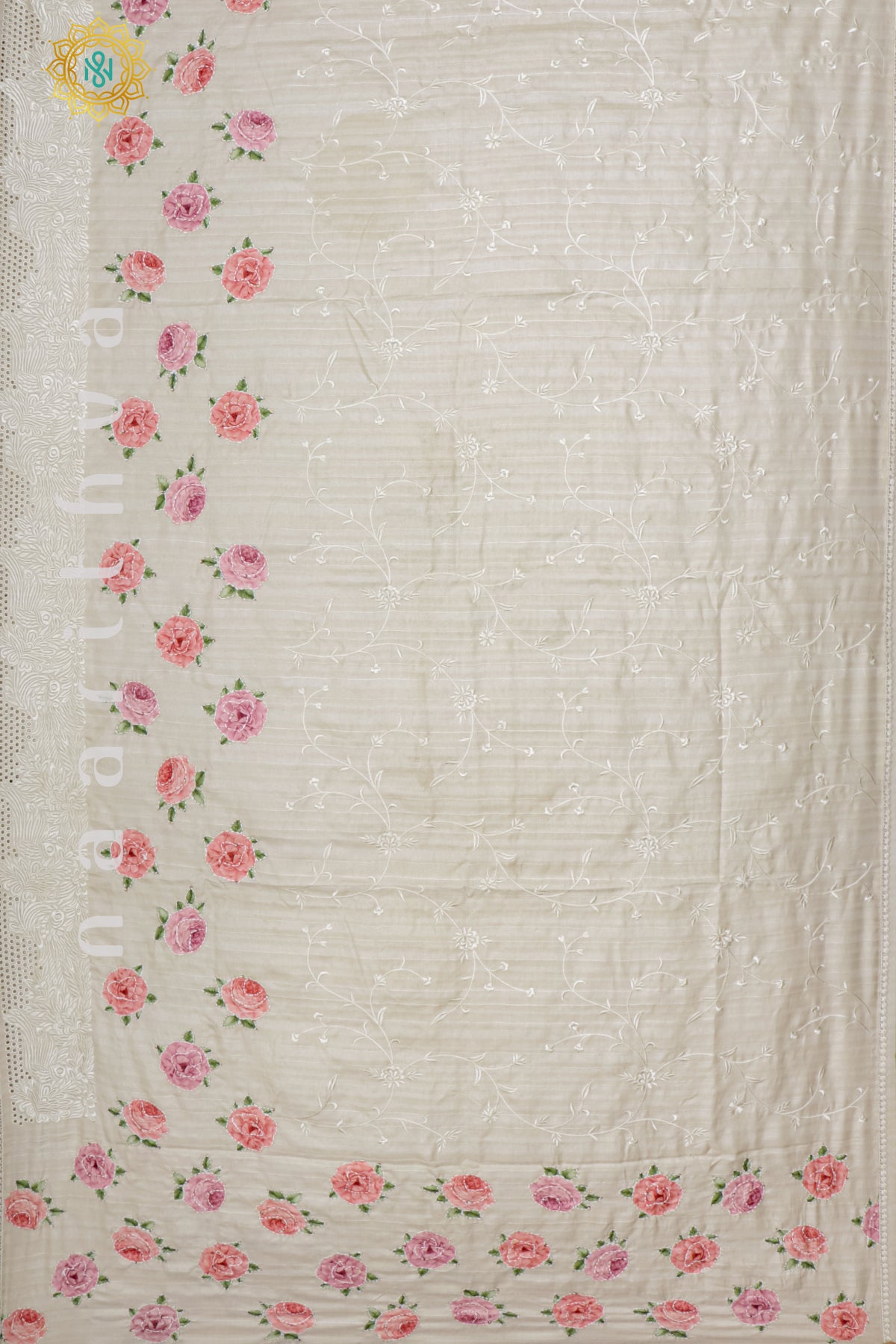 OFF WHITE WITH PINK - TUSSAR SILK WITH KATHA WORK