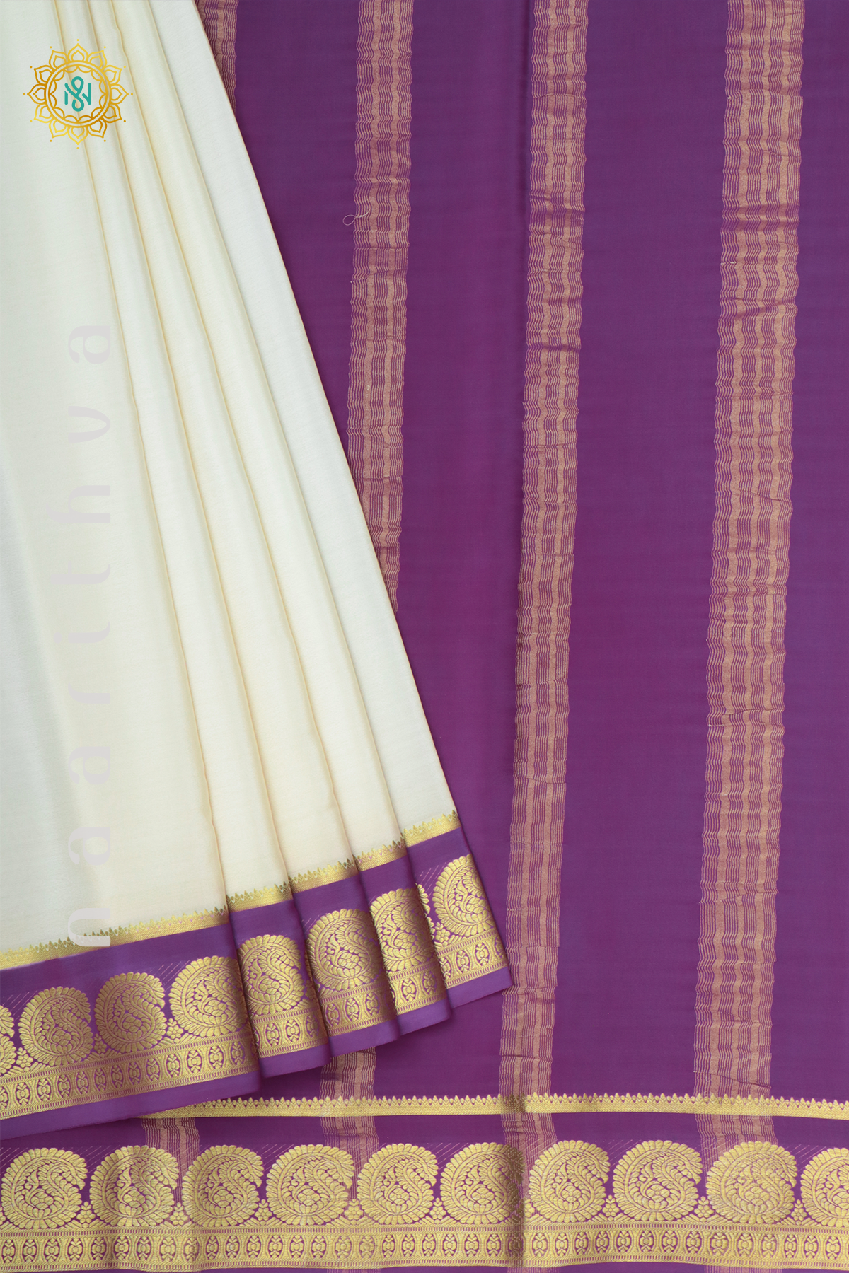 WHITE WITH PURPLE - PURE MYSORE CREPE SILK