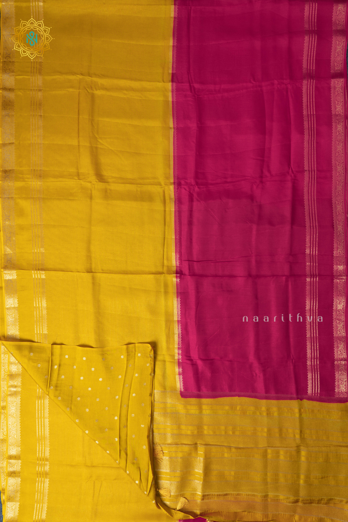 Pink With Yellow Semi Crepe Silk Saree With Zari Stripes On The Body With Bentext Border In Half & Half Pattern