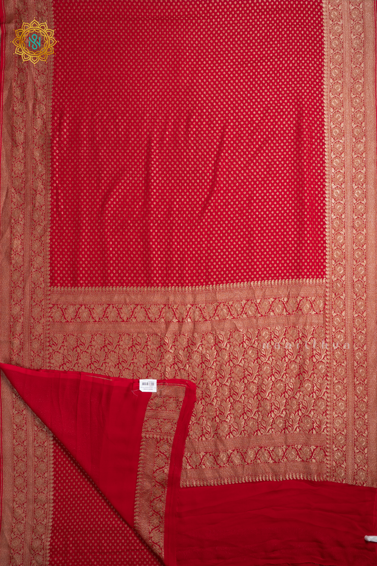 Red Pure Banarasi Khaddi Georgette Allover Antique Zari Buttas On The Body With Contrast Zari Border & Pallu