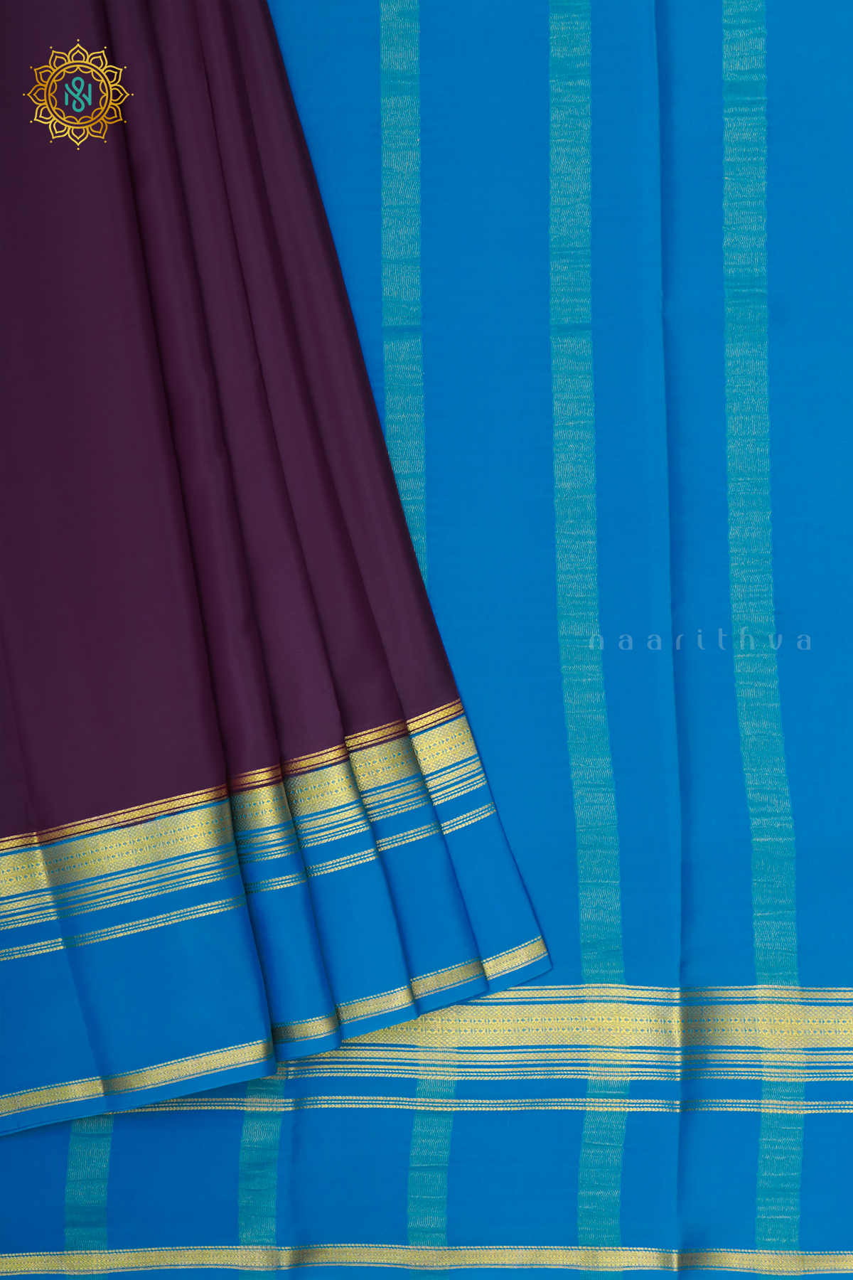 WINE WITH SKY BLUE - PURE MYSORE CREPE SILK