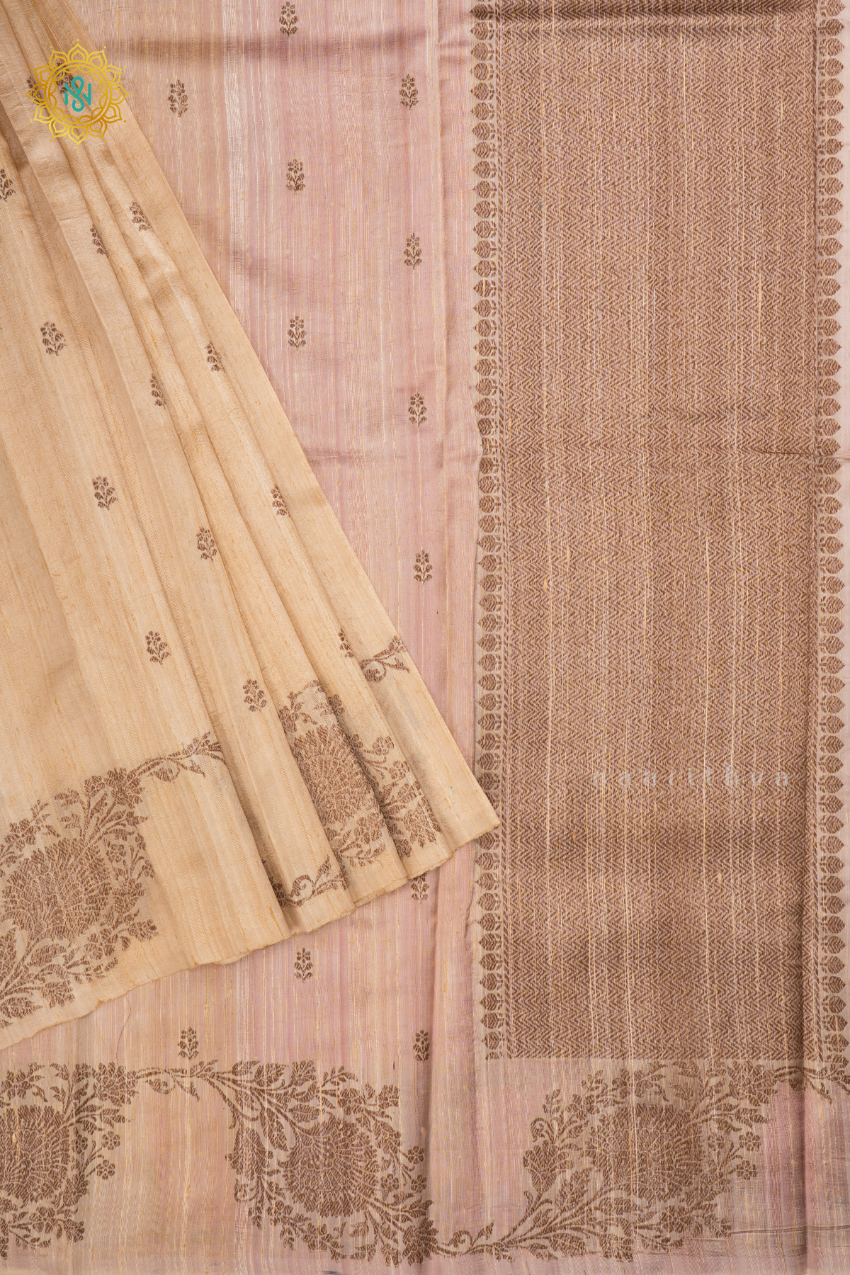 Off White with Pink Pure Banarasi Raw Silk Saree With Allover Zari Buttas And Zari Border