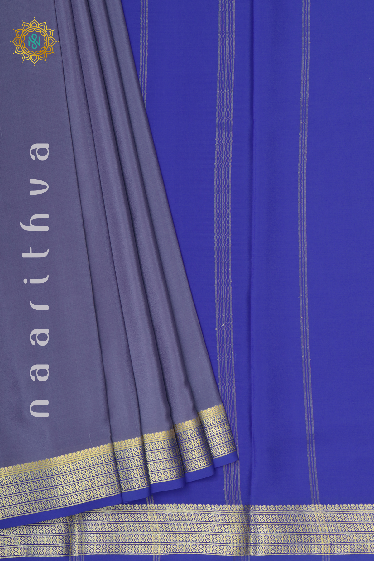 GREYISH BLUE WITH ROYAL BLUE - PURE MYSORE CREPE SILK