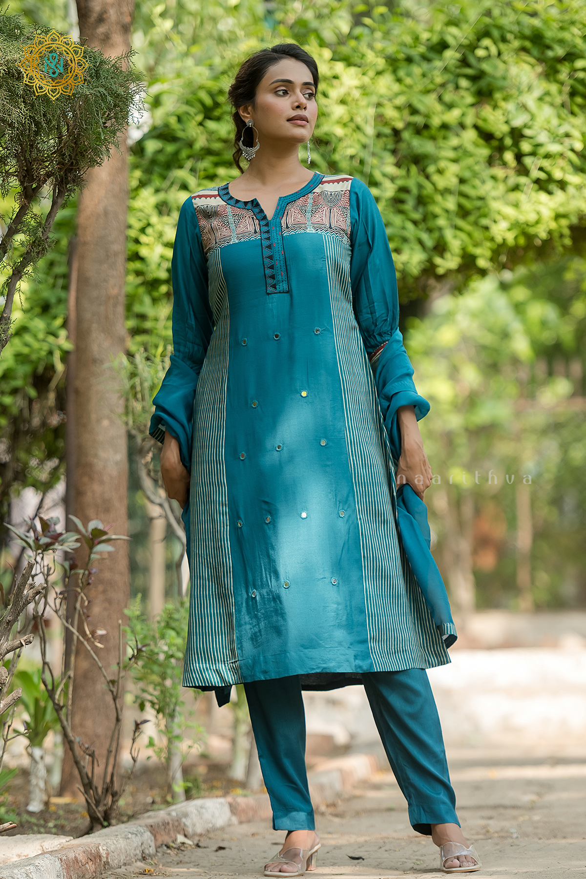 TEAL BLUE - CREPE 3PC SALWAR SUIT WITH TOP, BOTTOM & DUPATTA