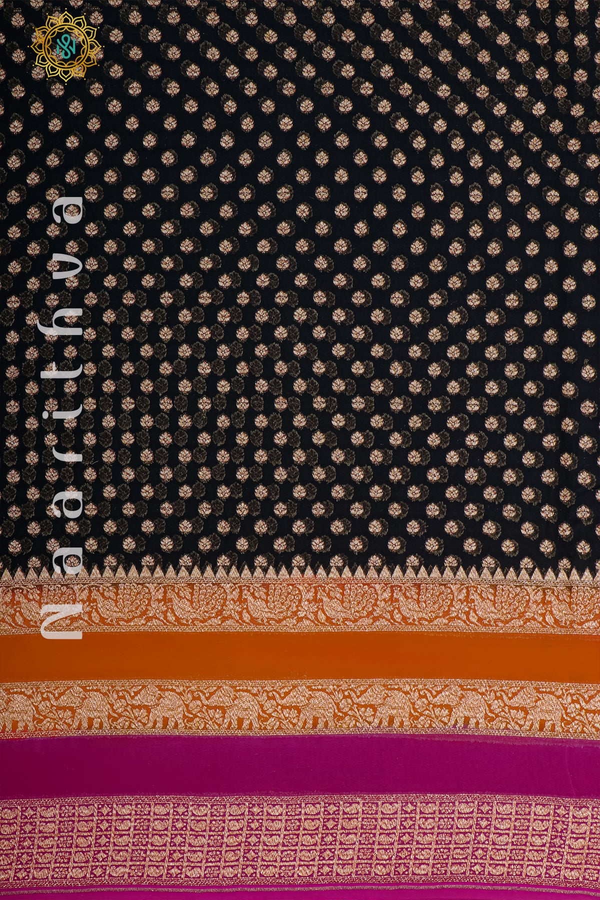 BLACK WITH ORANGE & PINK - PURE HANDLOOM KHADDI GEORGETTE BANARAS