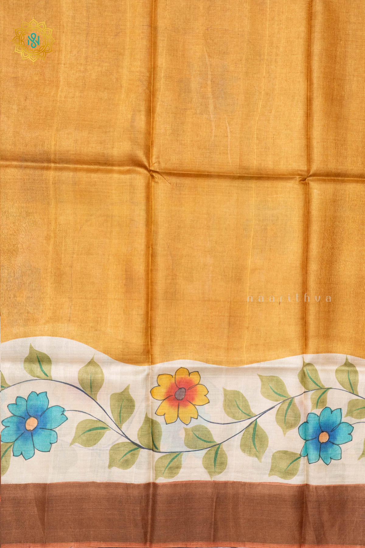 MUSTARD WITH PEACH - PURE TUSSAR SILK WITH HAND PAINTED
