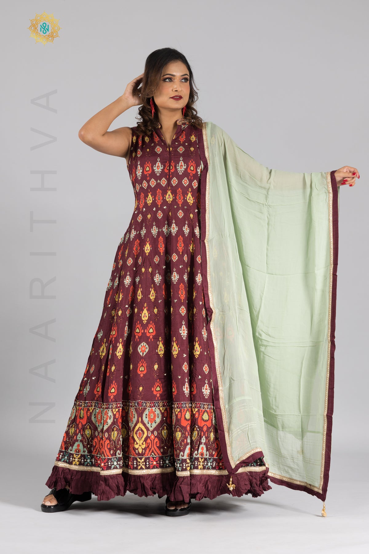 BROWN - PRINTED PARTY WEAR GOWN WITH DUPATTA