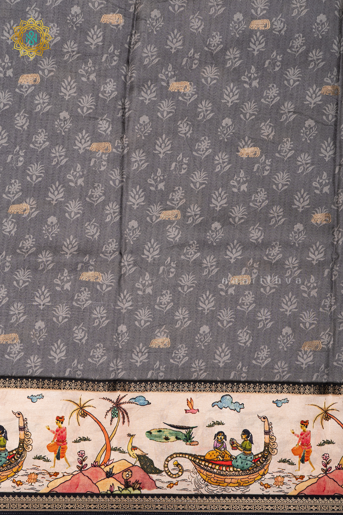 GREY WITH BLACK - SEMI CREPE SILK