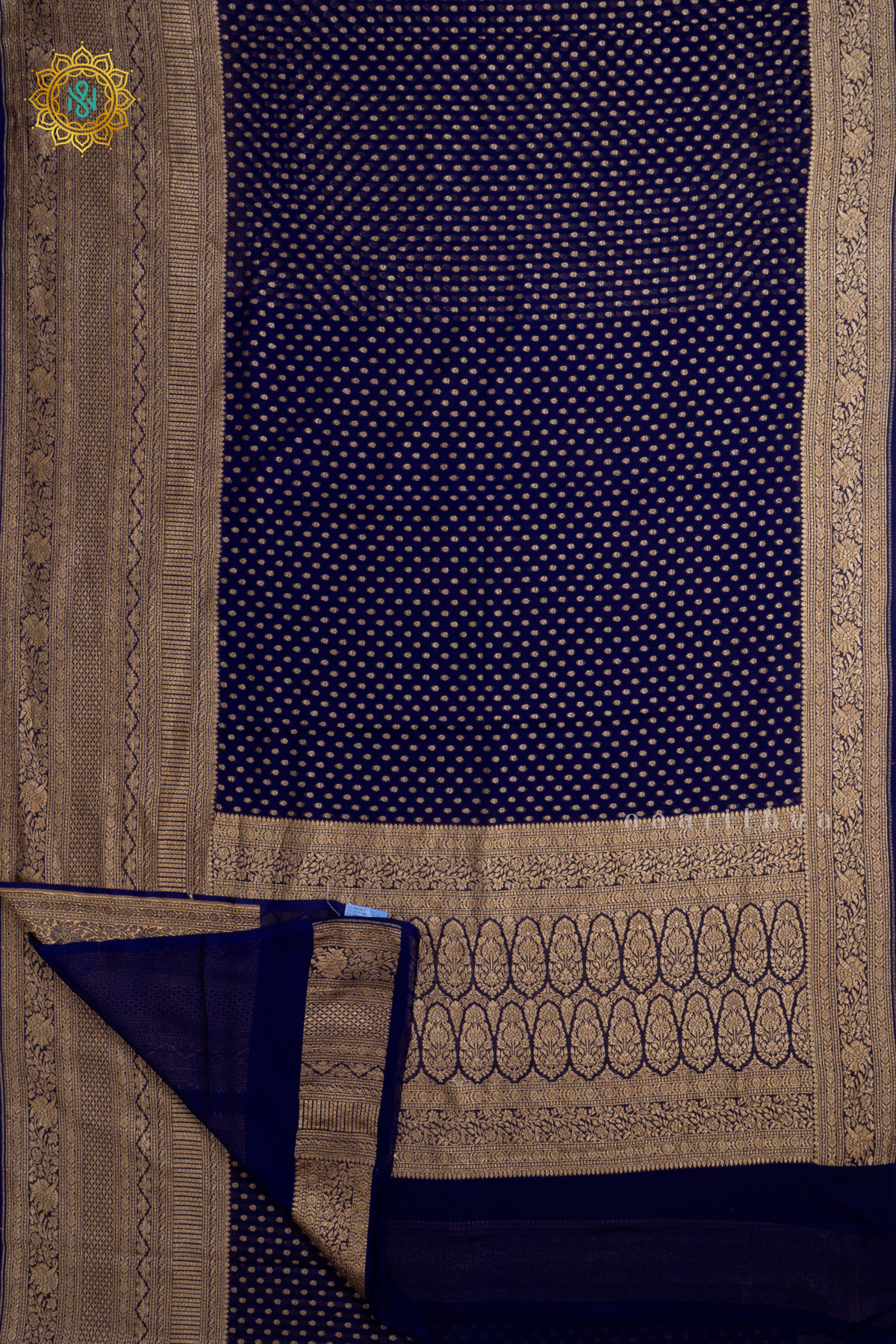 Blue Pure Banarasi Khaddi Georgette Allover Antique Zari Buttas On The Body With Contrast Zari Border & Pallu