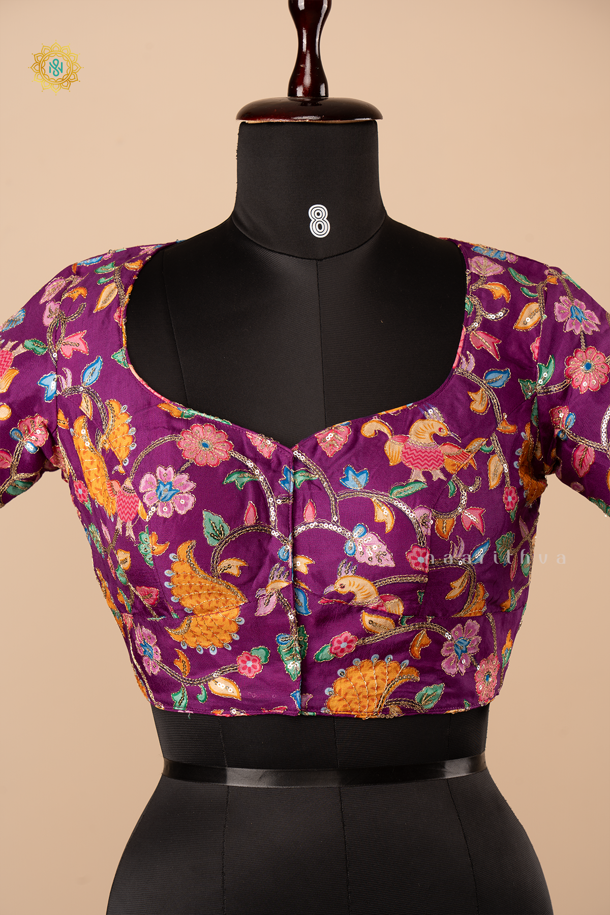 MAGENTA - DOLA SILK READYMADE BLOUSE WITH POSITION PRINTS & AARI WORK