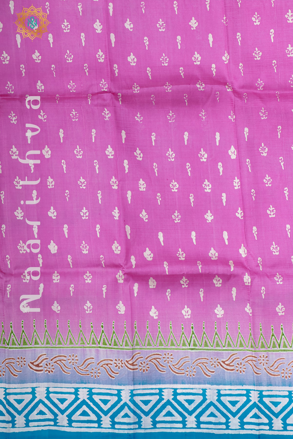 PINK WITH SKY BLUE - PURE MULBERRY SILK WITH BLOCK PRINT