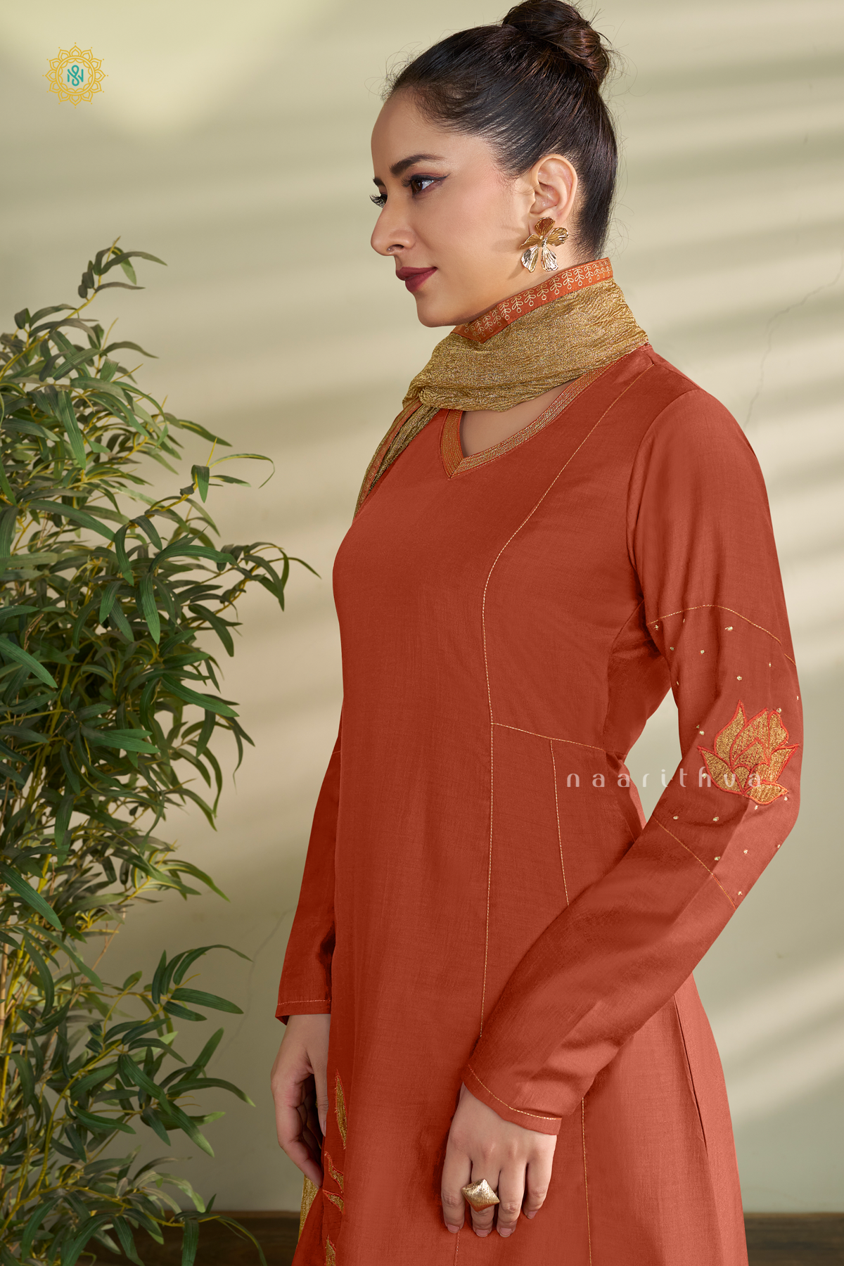 RUST ORANGE WITH GOLD - SILK 3PC SALWAR SUIT WITH TOP, BOTTOM & DUPATTA
