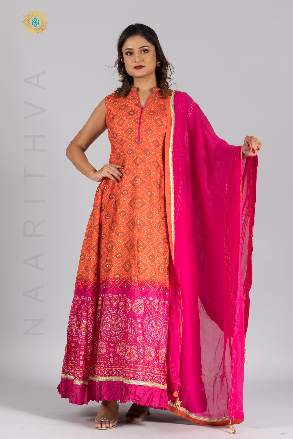 ORANGE & PINK - PARTY WEAR GOWN WITH NECK EMBROIDERY & DUPATTA