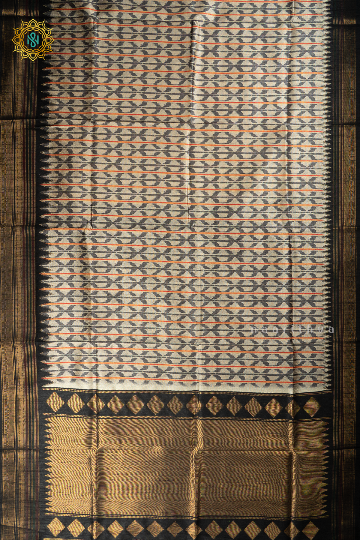 Black Semi Tussar Silk With Printed Body With Zari Border & Pallu