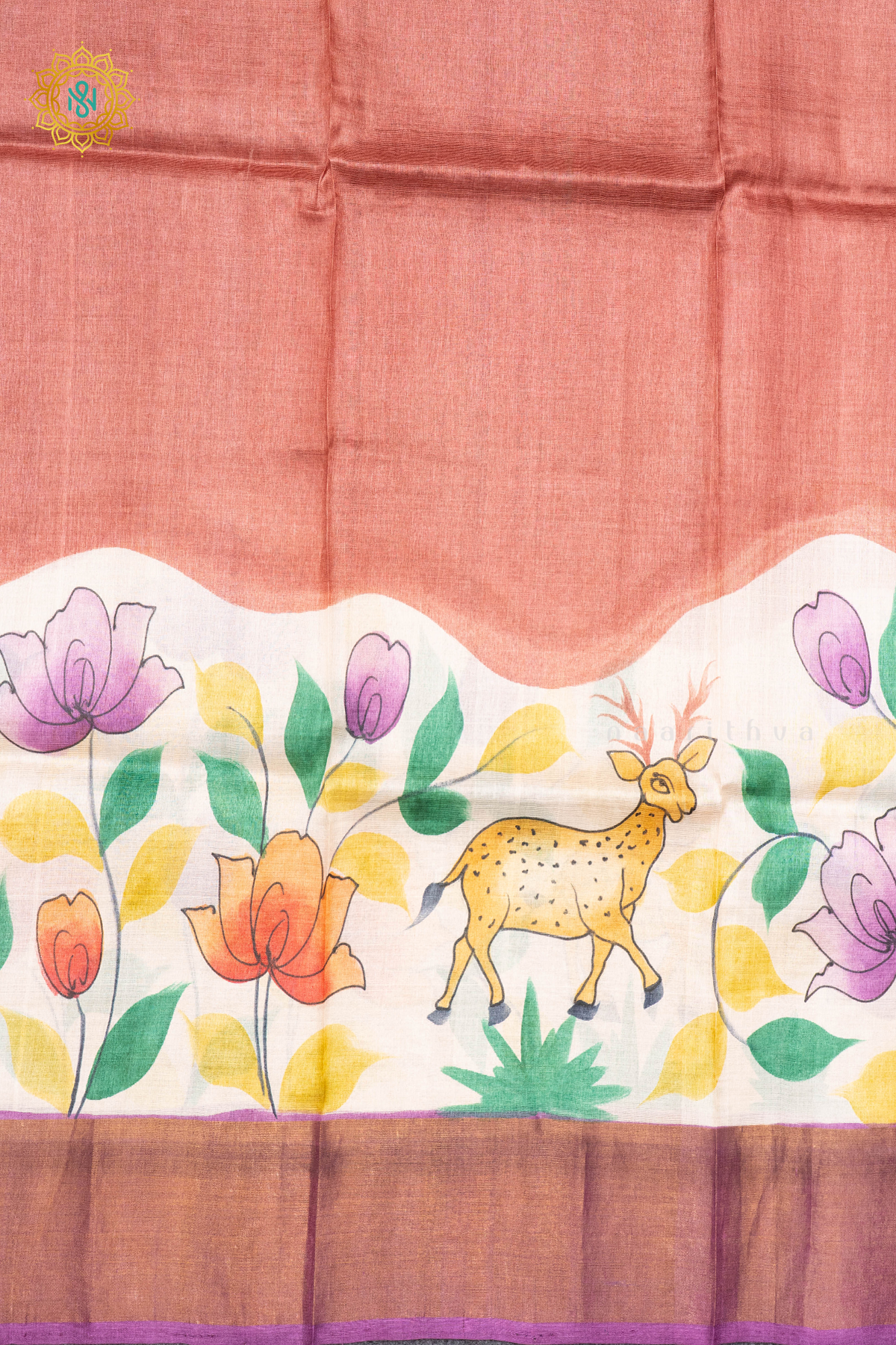 PEACH WITH MAGENTA - PURE TUSSAR SILK WITH HAND PAINTED