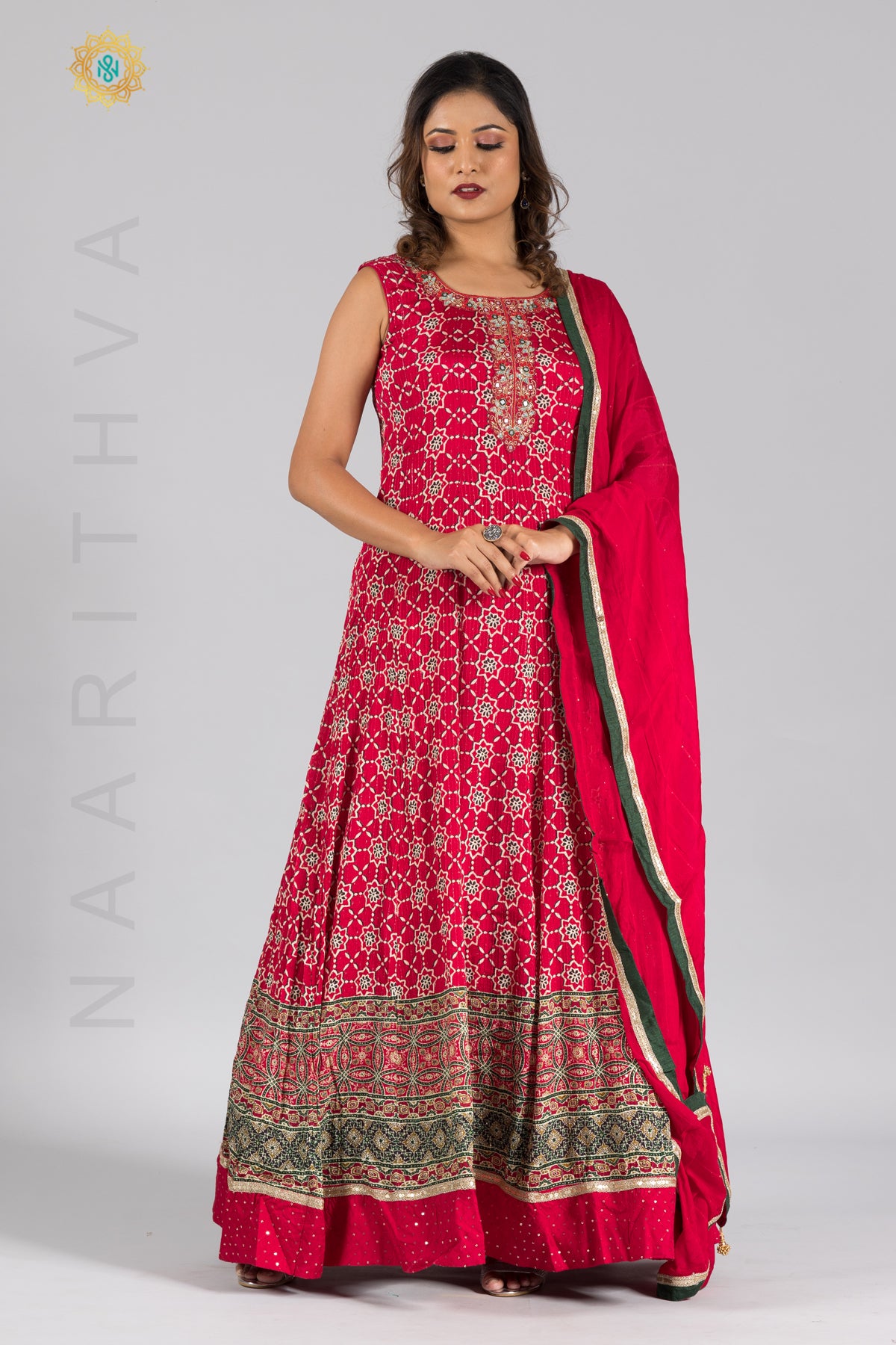 Strawberry Pink - PARTY WEAR GOWN WITH NECK EMBROIDERY & DUPPATA