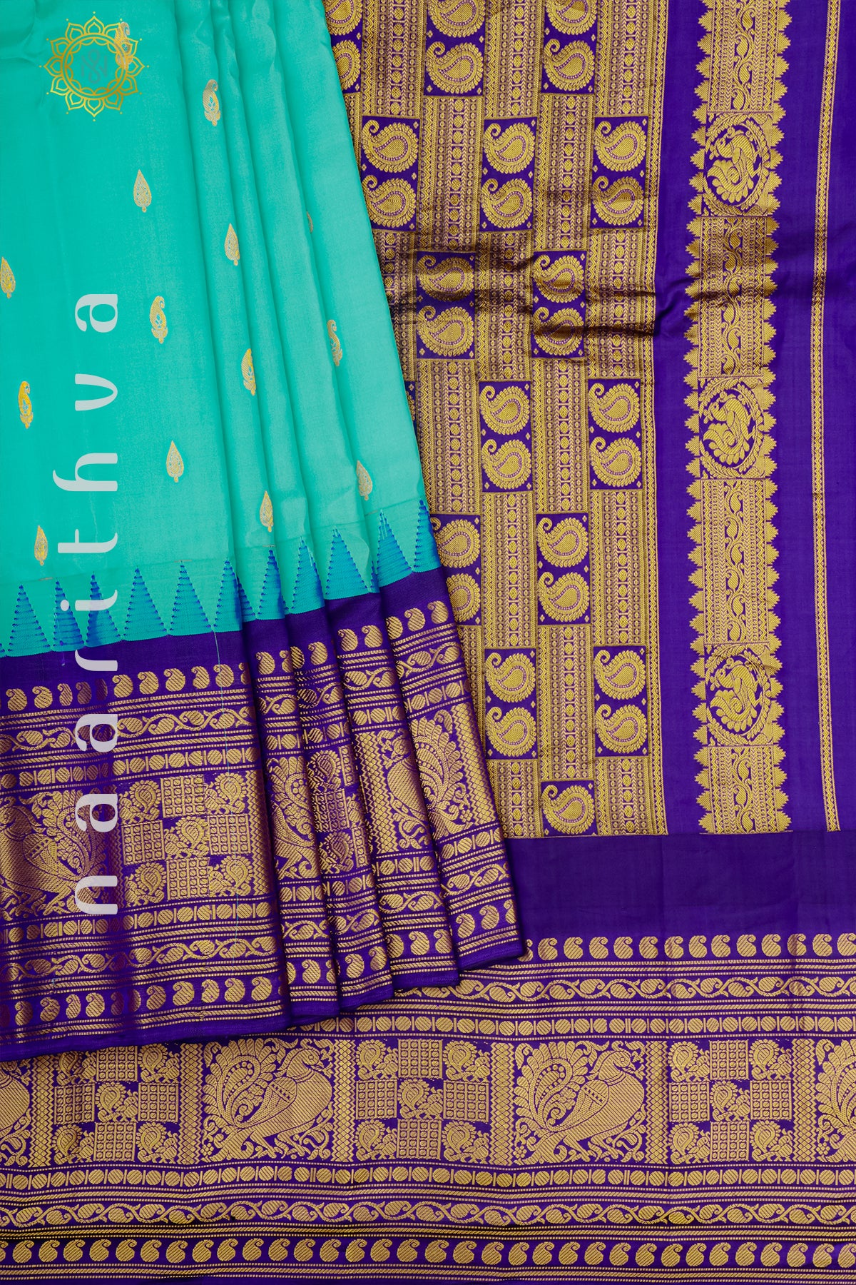 AQUA BLUE WITH ROYAL BLUE - PURE GADWAL SILK