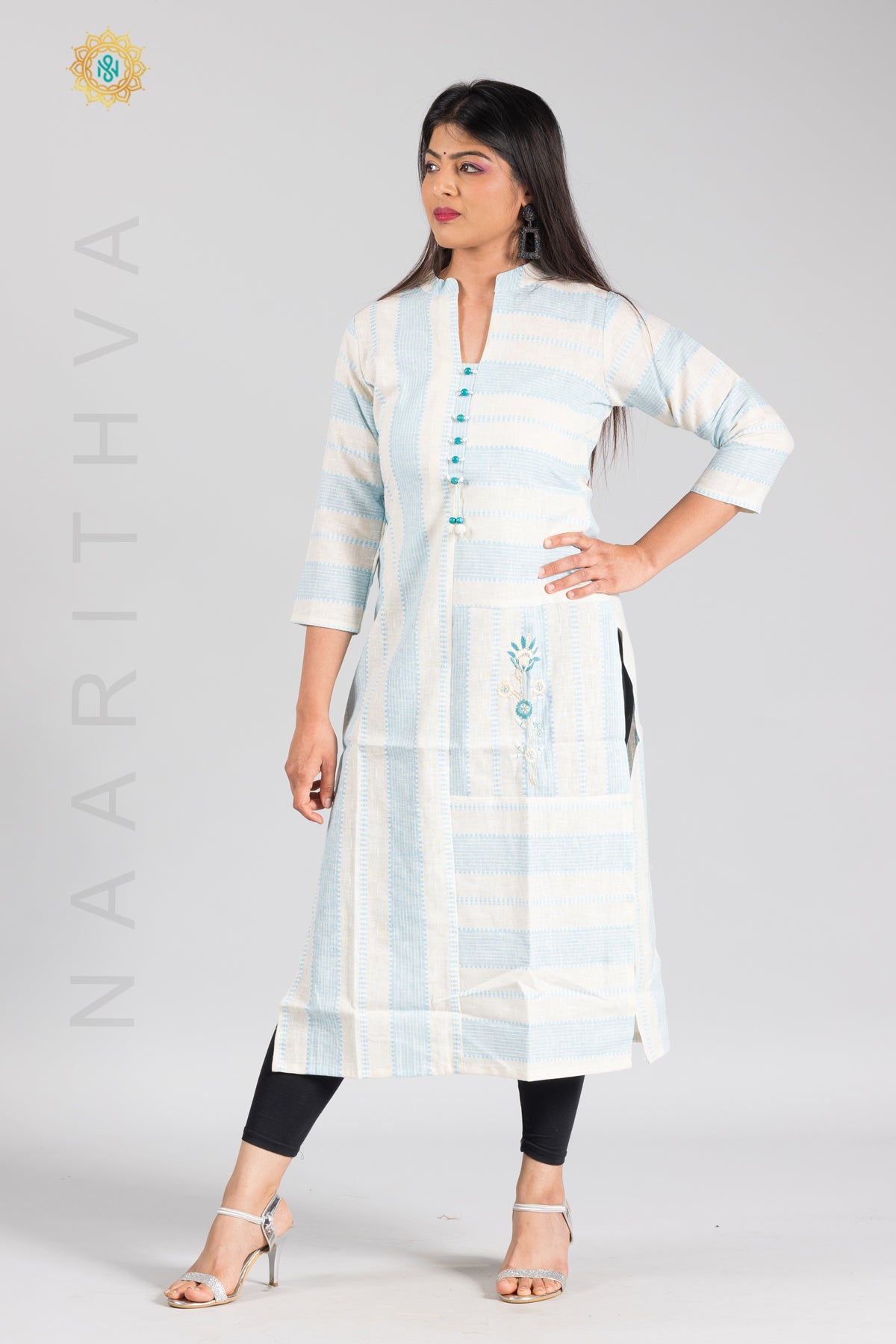 WHITE & BLUE - COTTON STRAIGHT CUT CASUAL KURTI WITH THREAD EMBROIDERY