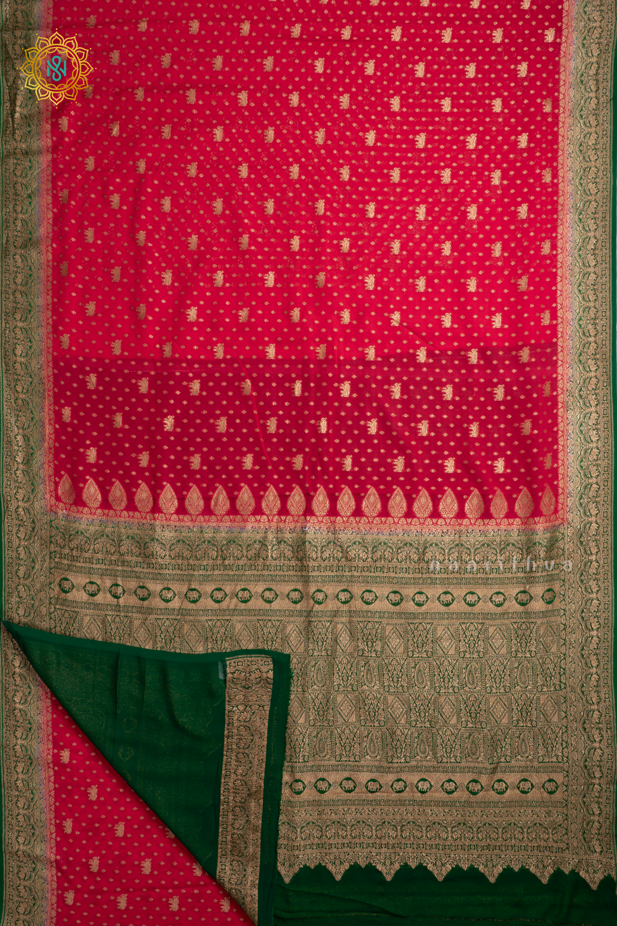 Red With Green Pure Banarasi Khaddi Georgette Allover Antique Zari Buttas On The Body With Contrast Zari Border & Pallu