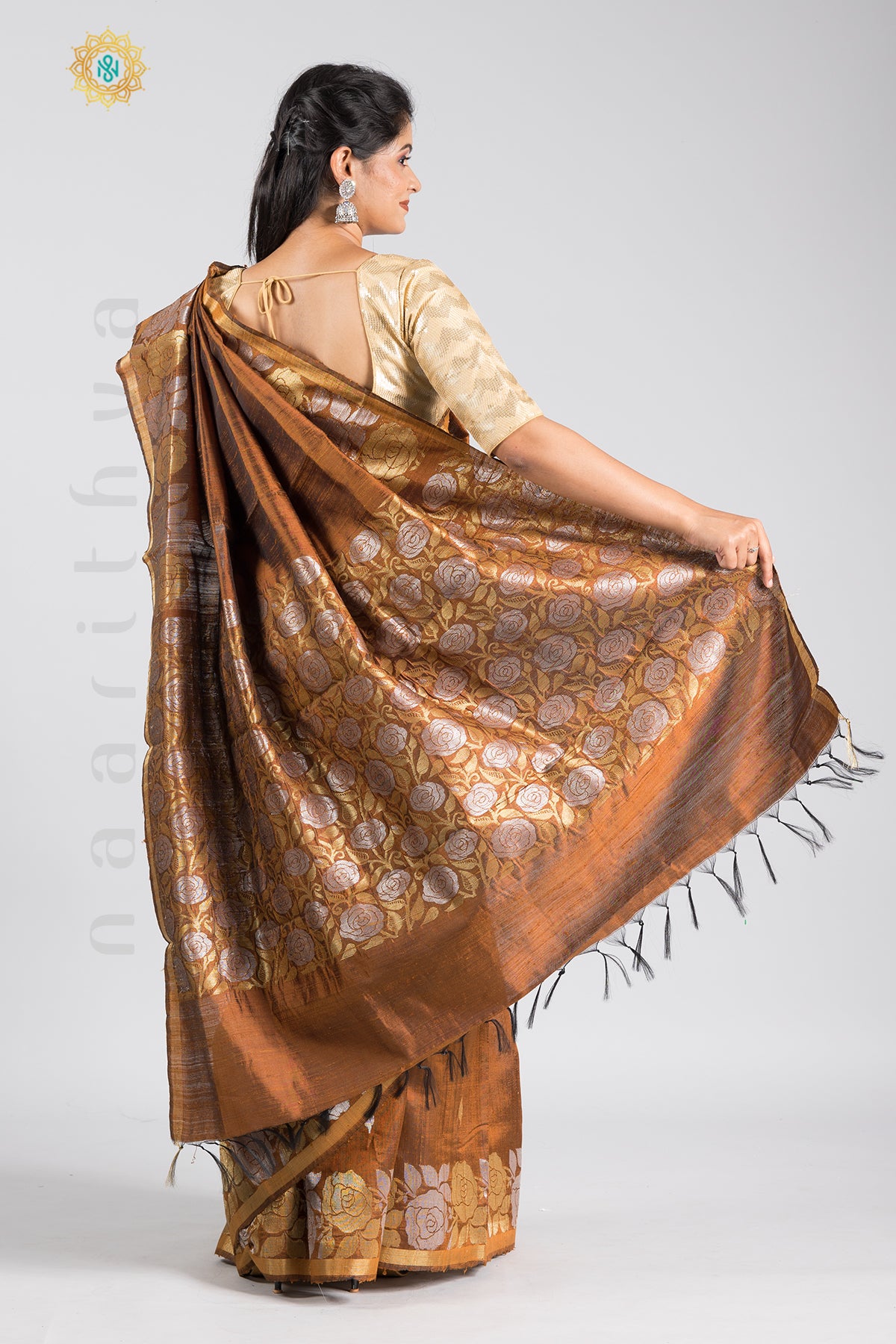 BRONZE - PURE TUSSAR SILK WITH SILVER & GOLD ZARI WOVEN BORDER & PALLU