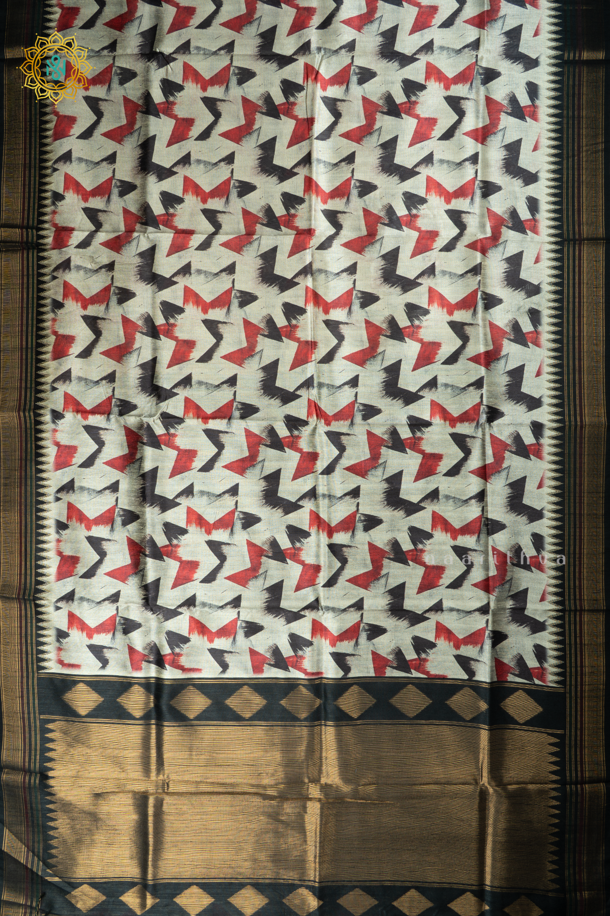Black With Red Semi Tussar Silk With Printed Body With Zari Border & Pallu