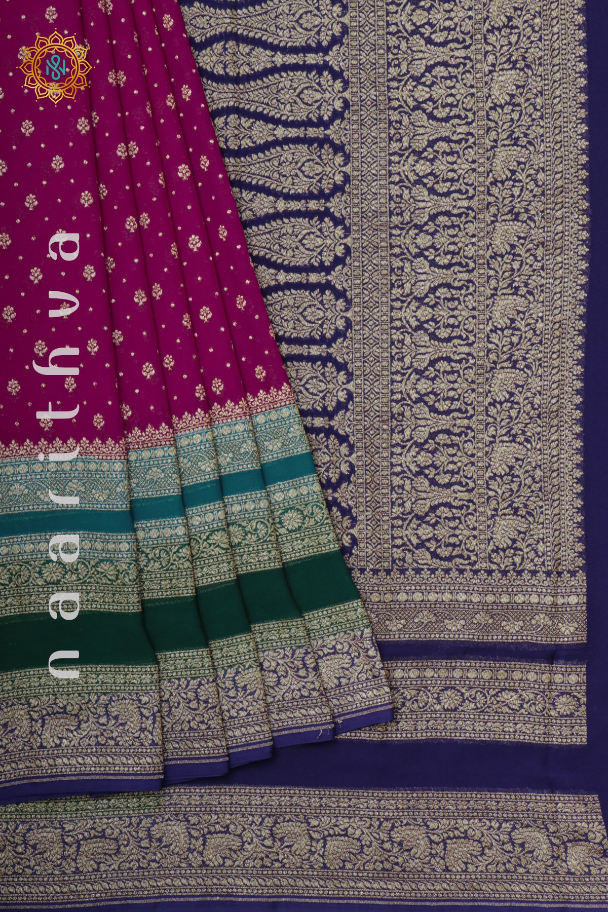 PINK WITH SKY BLUE, GREEN & NAVY BLUE - PURE BANARASI KHADDI GEORGETTE