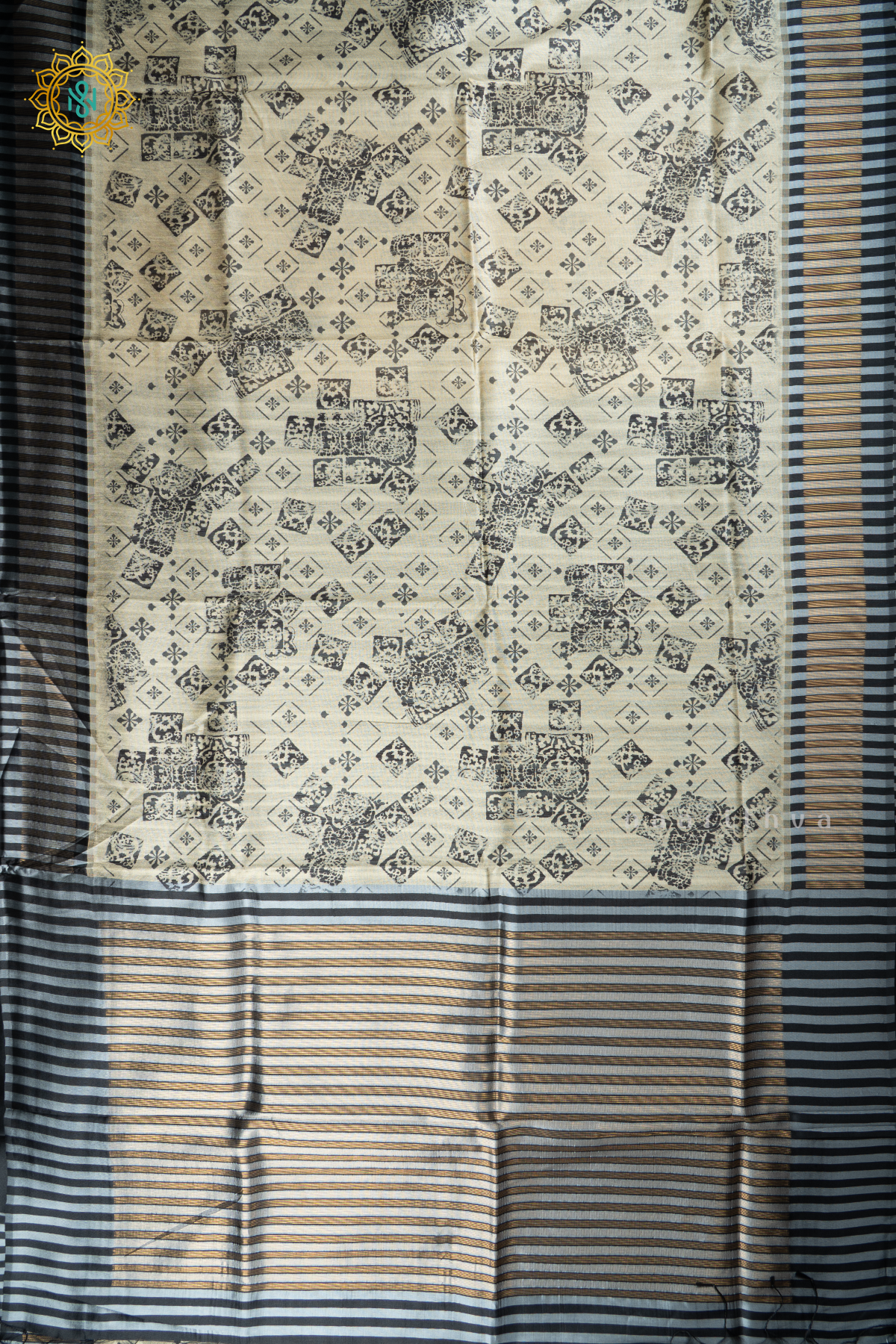Beige With Black Semi Tussar Silk With Printed Body With Zari Border & Pallu