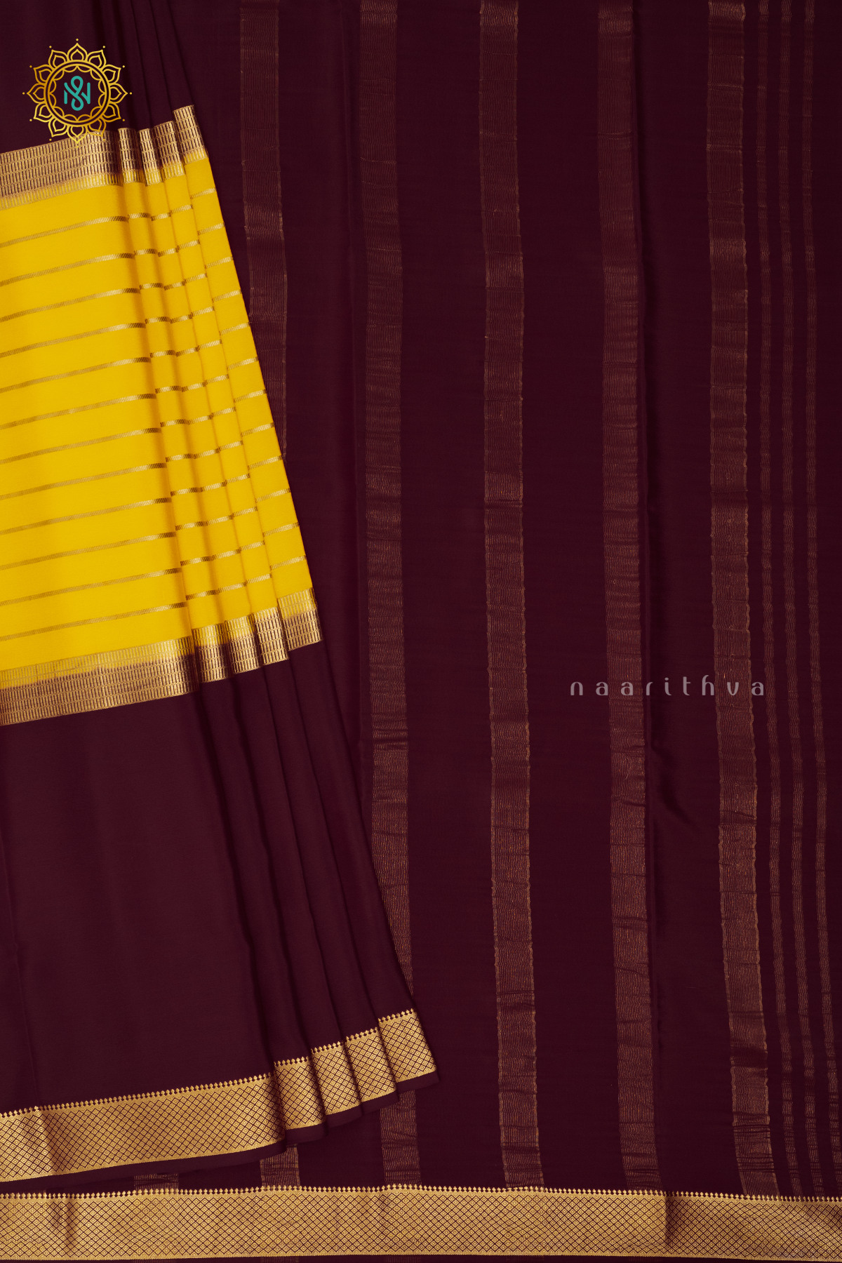 YELLOW WITH MAROON - PURE MYSORE CREPE SILK