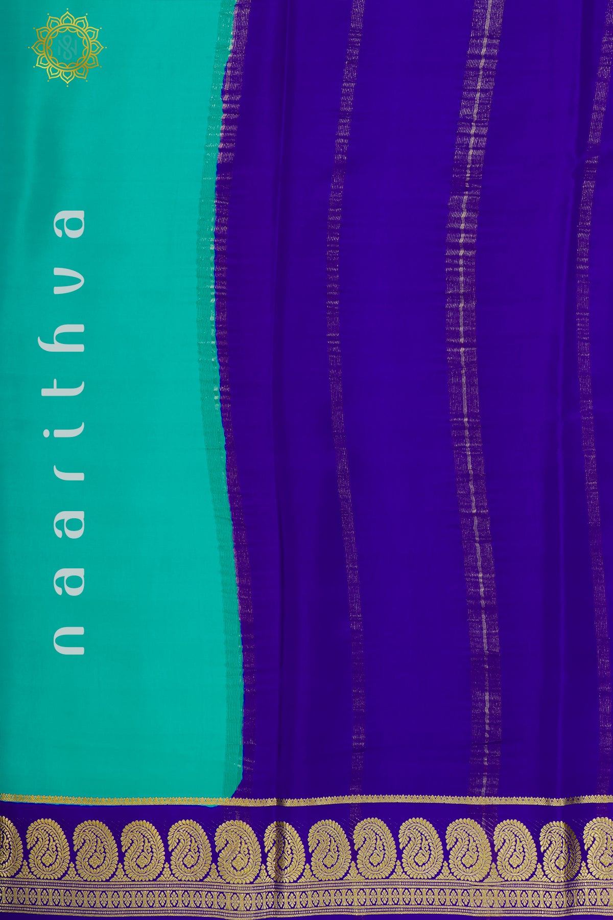 AQUA BLUE WITH ROYAL BLUE - PURE MYSORE CREPE SILK