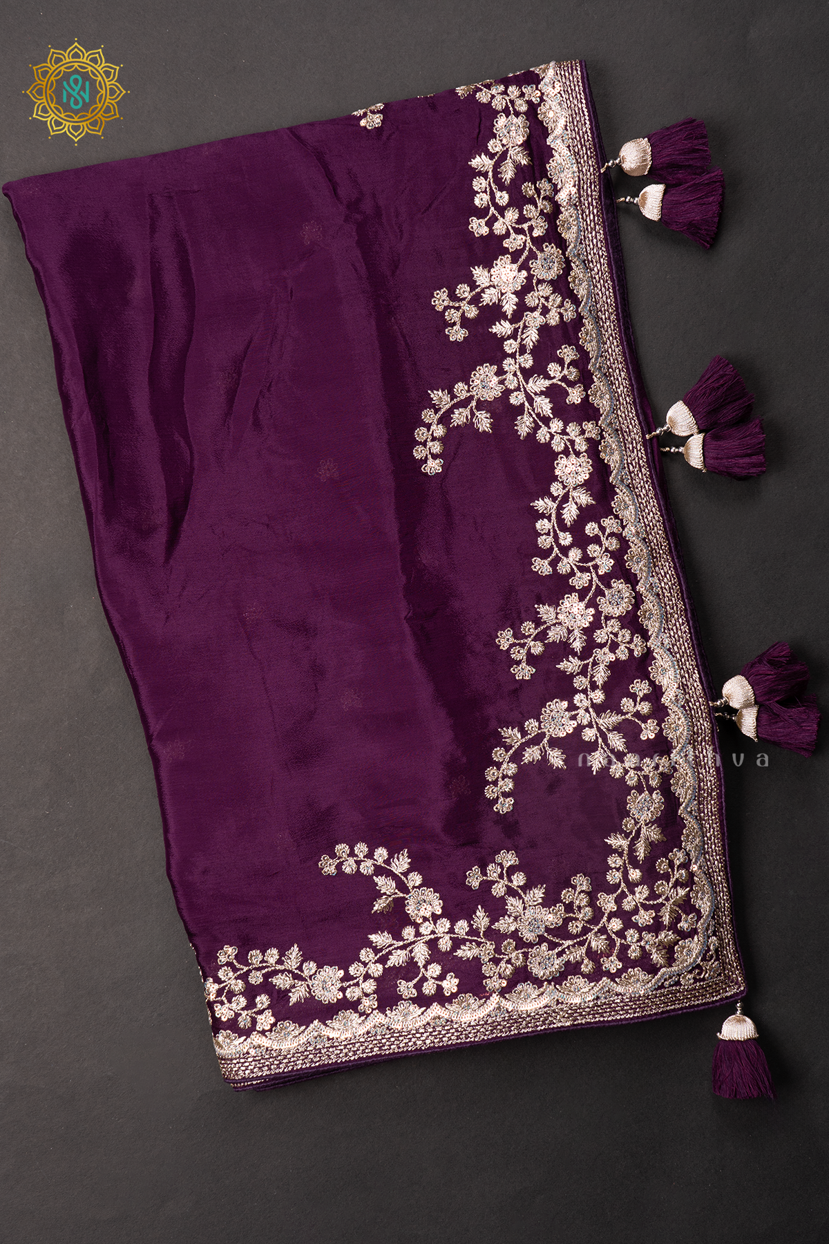 WINE - CREPE PARTY WEAR SAREE WITH READYMADE BLOUSE