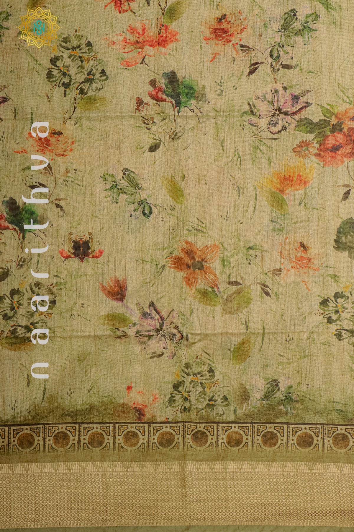 BEIGE WITH GREEN - SEMI TUSSAR SILK