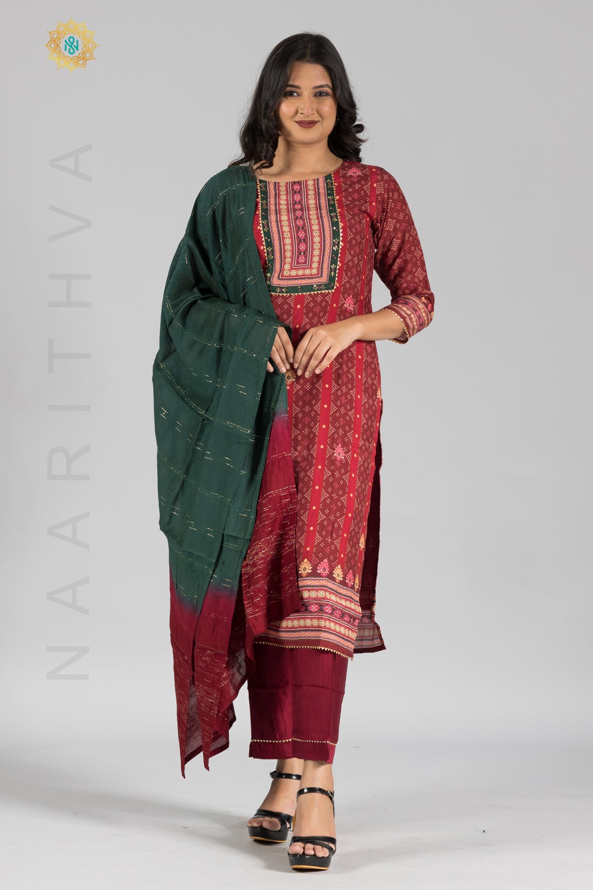 MAROON WITH GREEN - PURE MUSLIN STRAIGHT CUT SALWAR SUIT WITH DUPATTA