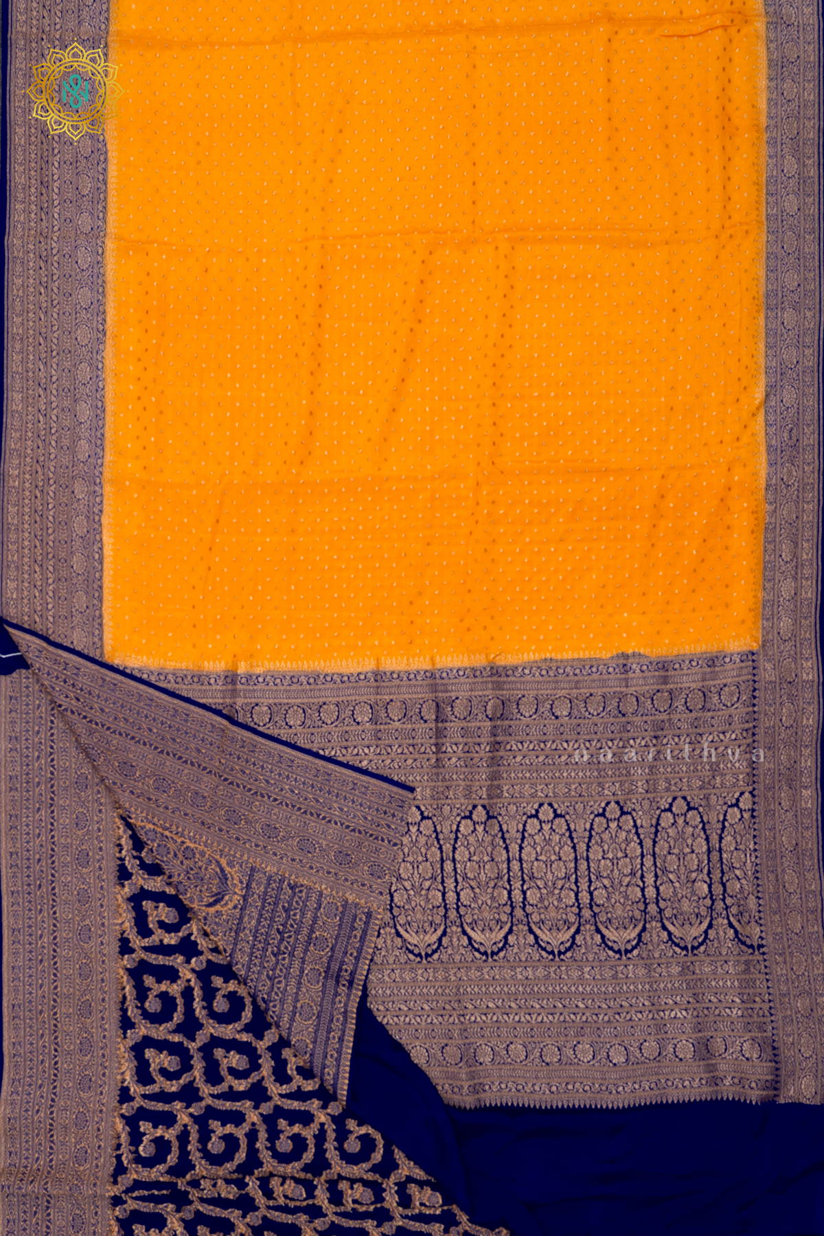 YELLOW WITH ROYAL BLUE - PURE BANARASI CREPE