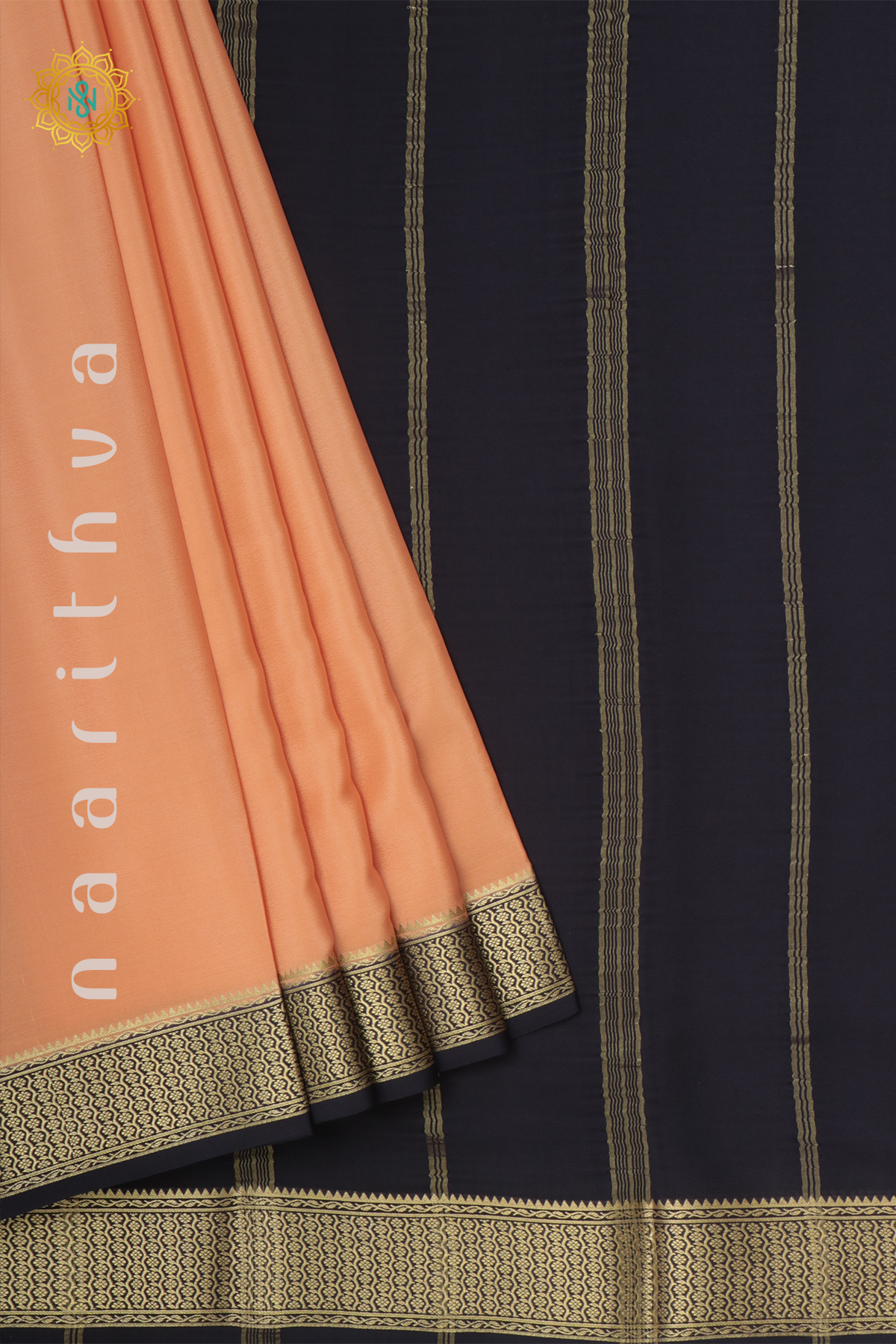 PEACH WITH BLACK - PURE MYSORE CREPE SILK