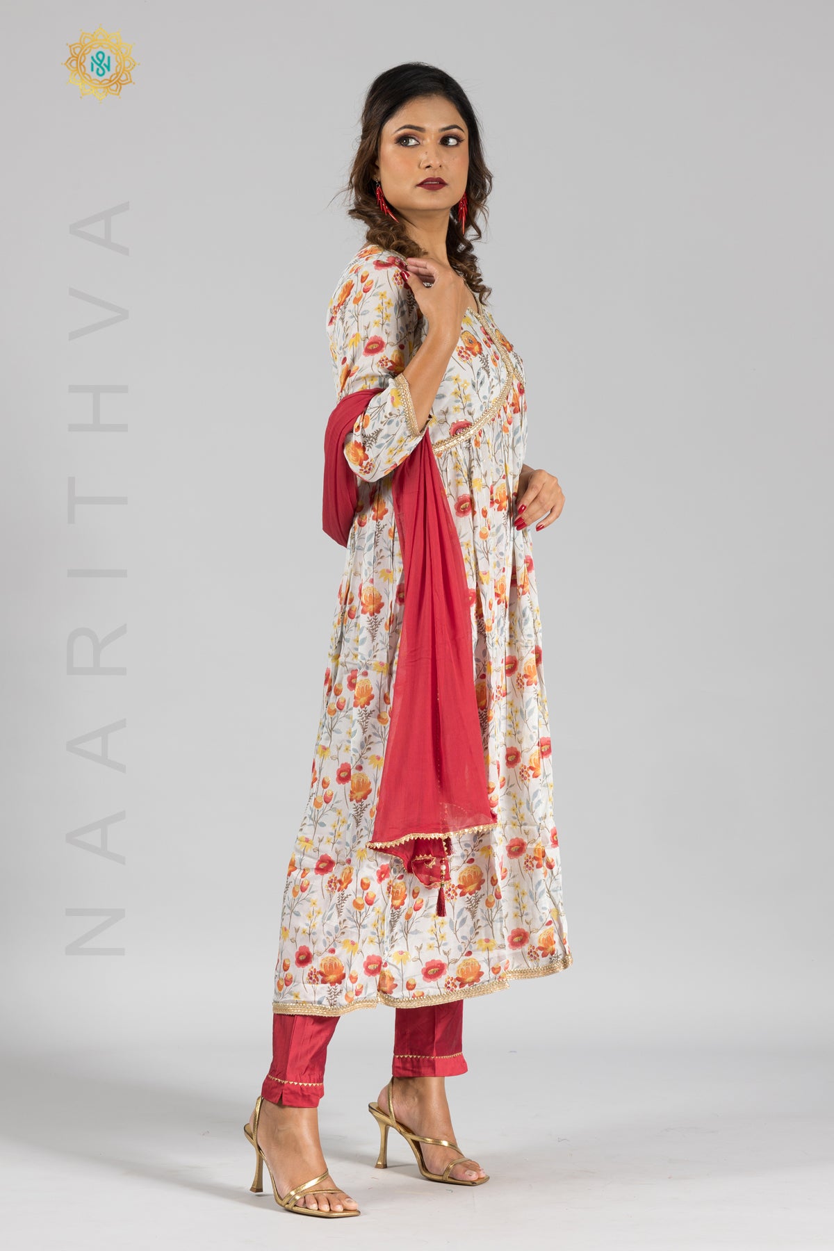 GREY WITH PINKISH RED - PARTY WEAR ALIA CUT SALWAR SUIT