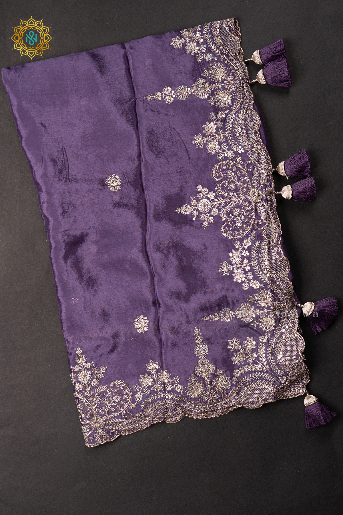 LAVENDER WITH WHITE - CREPE PARTY WEAR SAREE WITH READYMADE BLOUSE