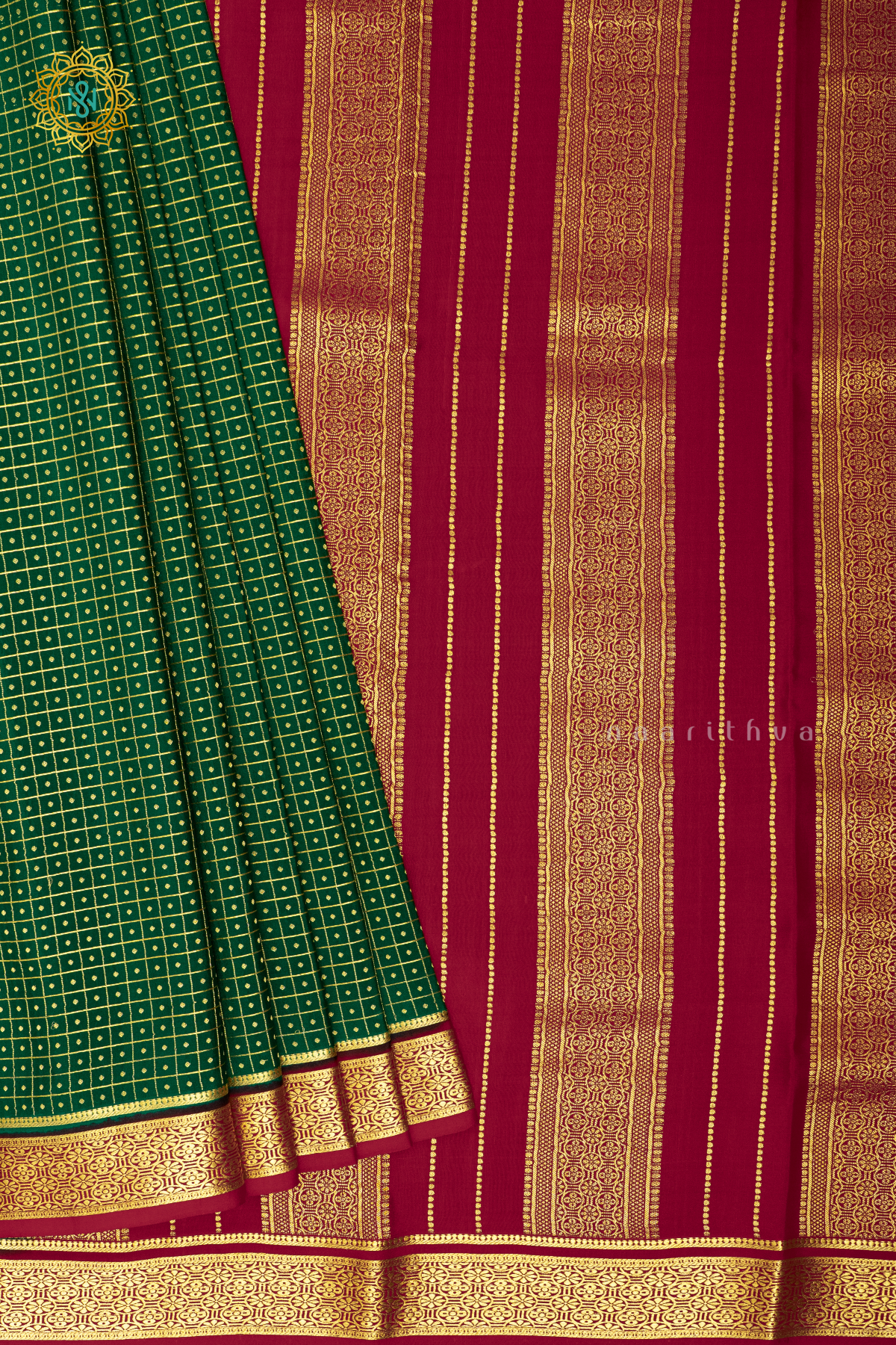 GREEN WITH RED - PURE MYSORE CREPE SILK