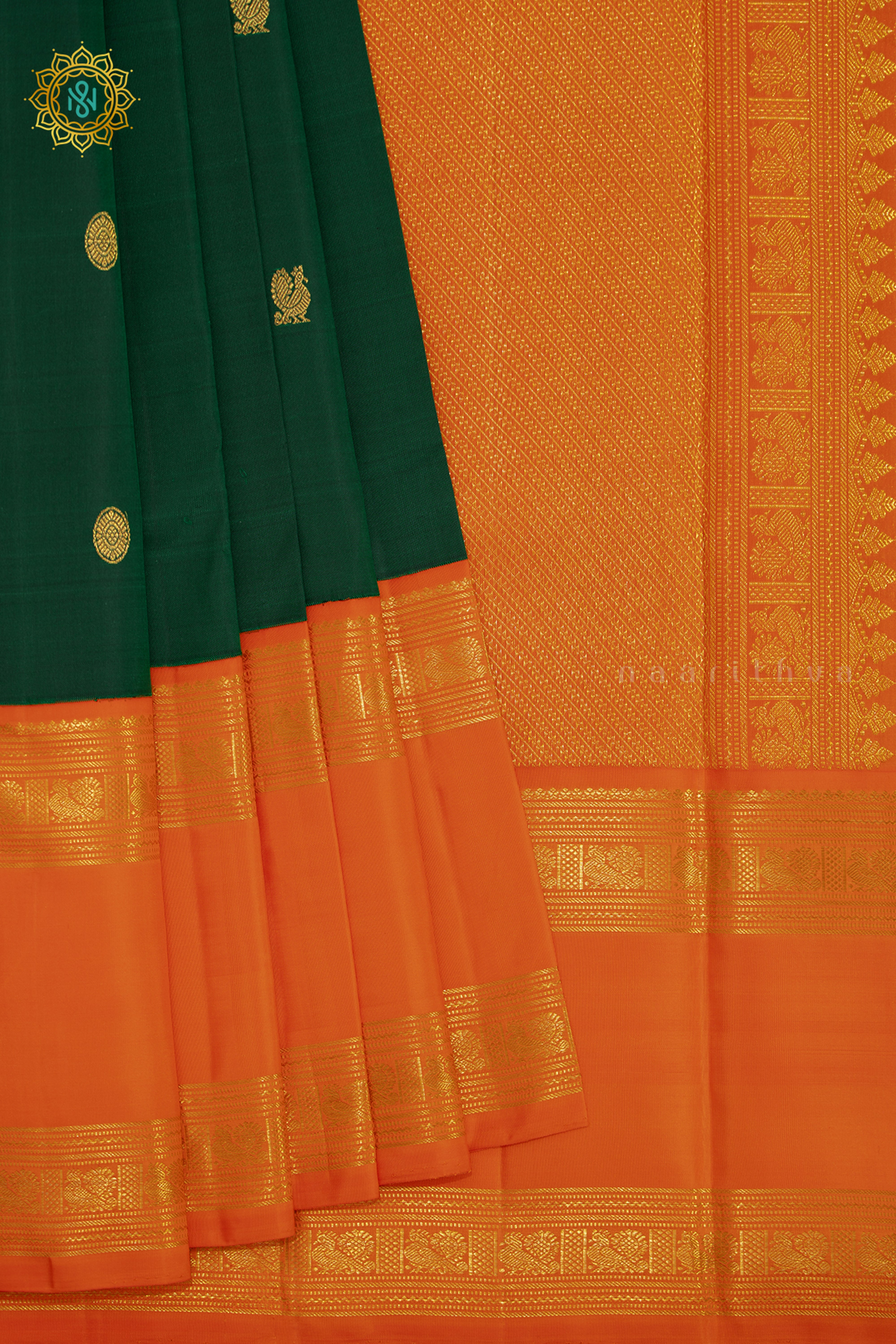 BOTTLE GREEN WITH ORANGE - PURE KANJIVARAM SILK