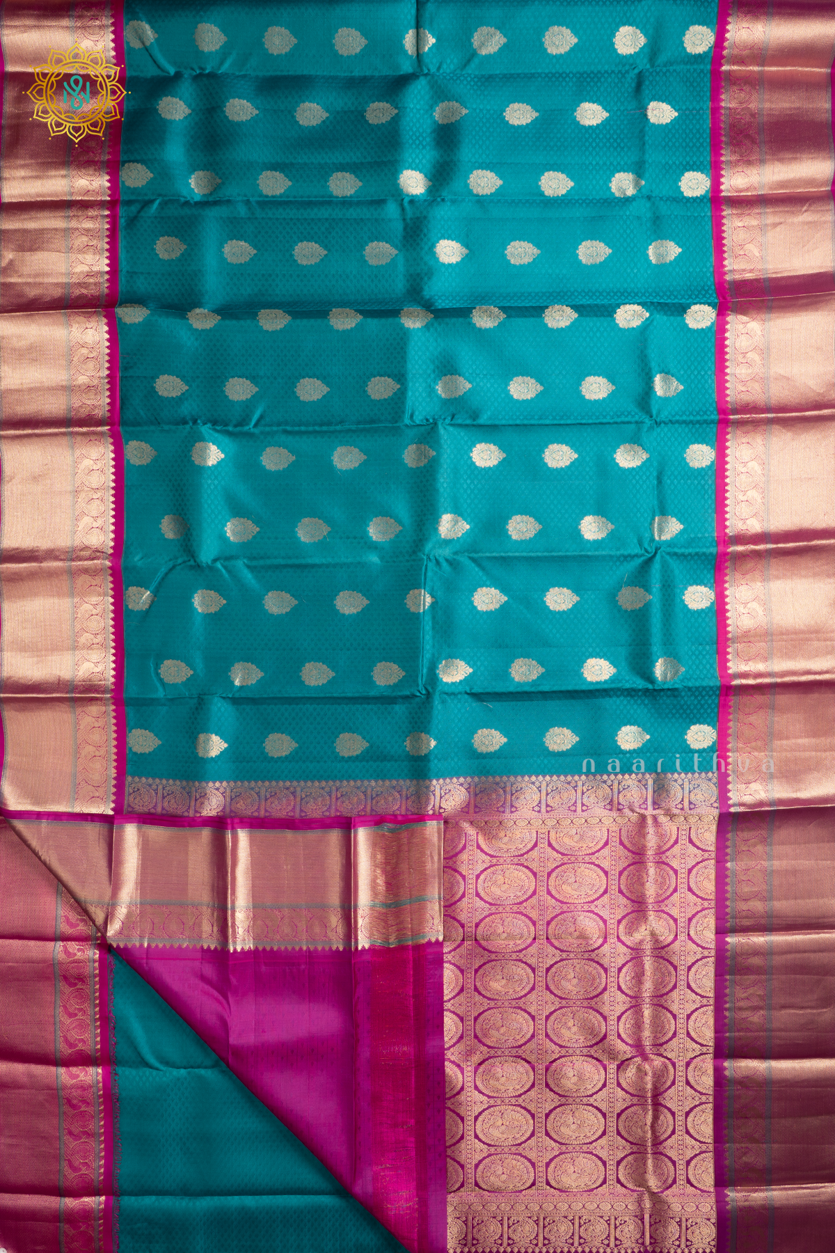 Aqua Green with Magenta Pure Kanjivaram Silk Saree with Zari Woven Buttas and Contrast Zari Border