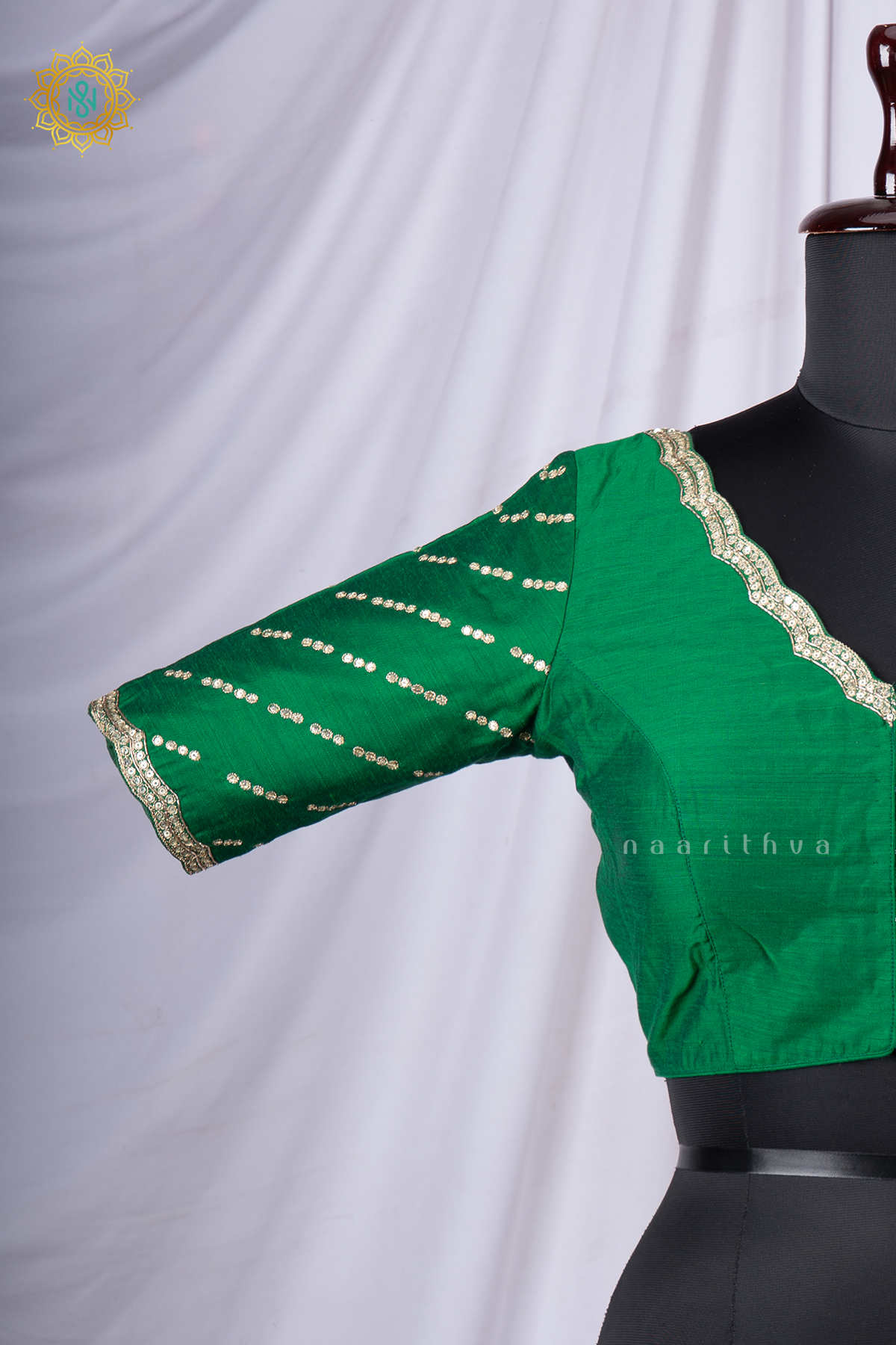 Green Cotton Silk Readymade Blouse with a Scalloped Neckline and Sequin Work