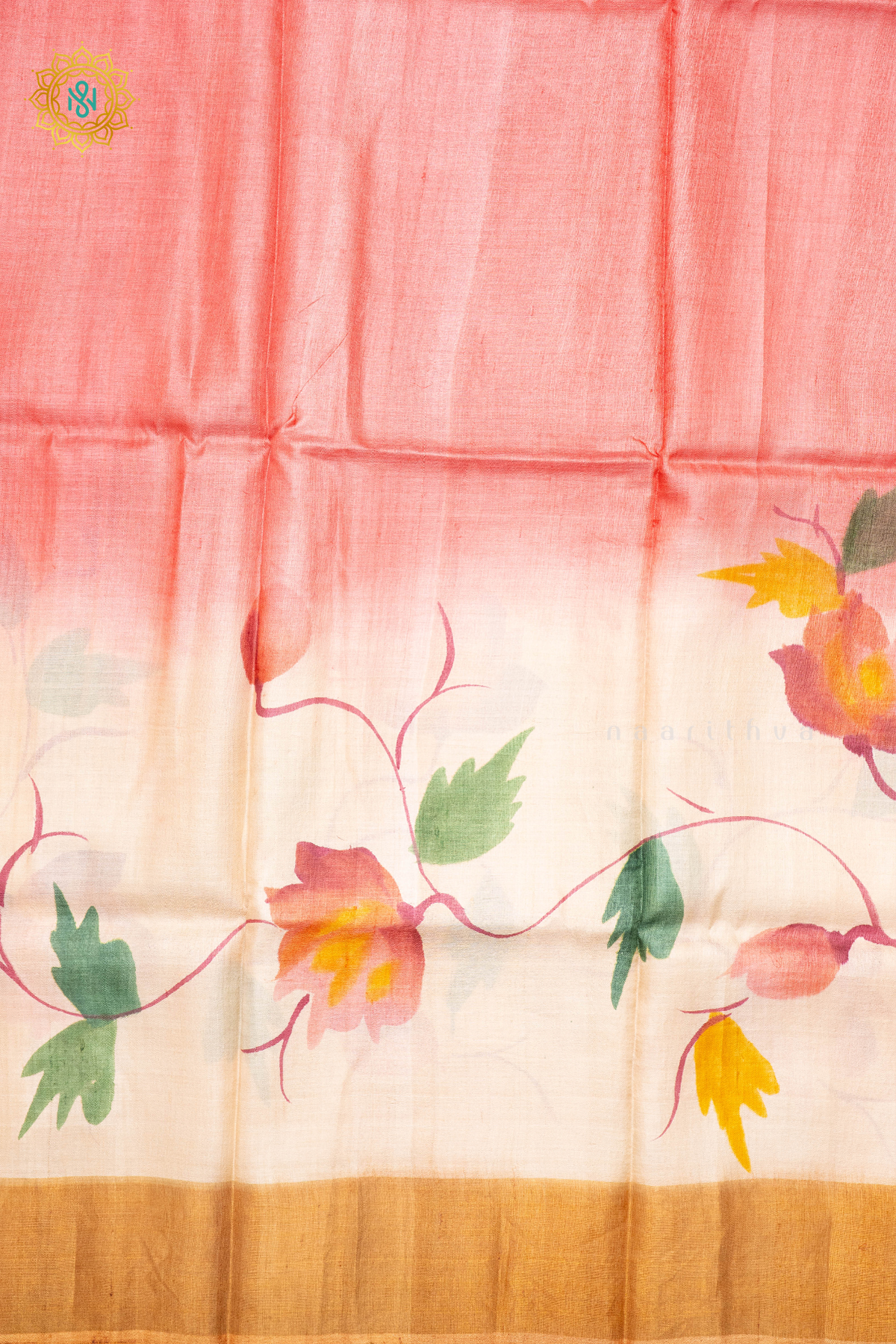 PEACHISH PINK WITH MUSTARD - PURE TUSSAR SILK WITH HAND PAINTED