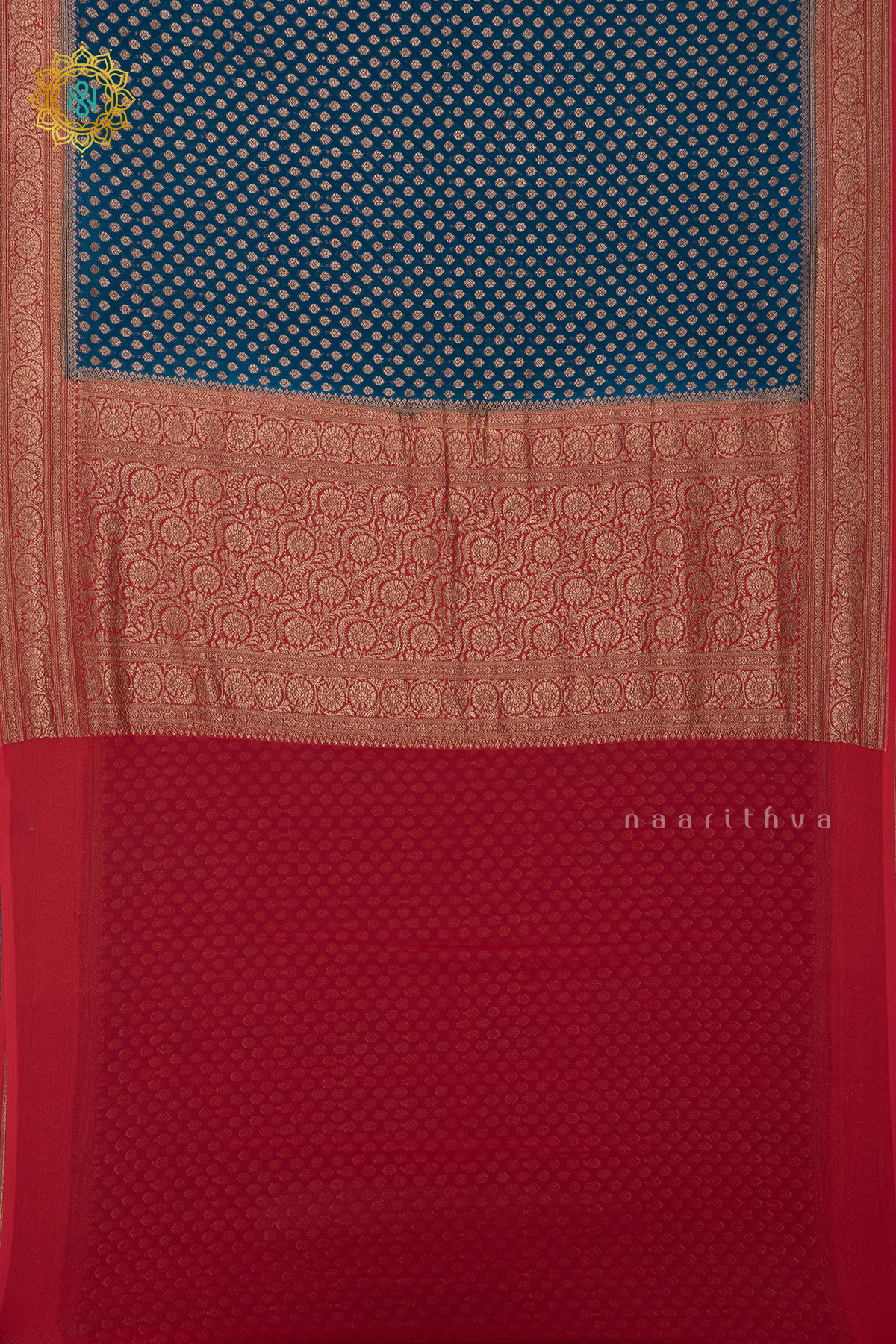 PEACOCK BLUE WITH RED - PURE BANARASI KHADDI GEORGETTE
