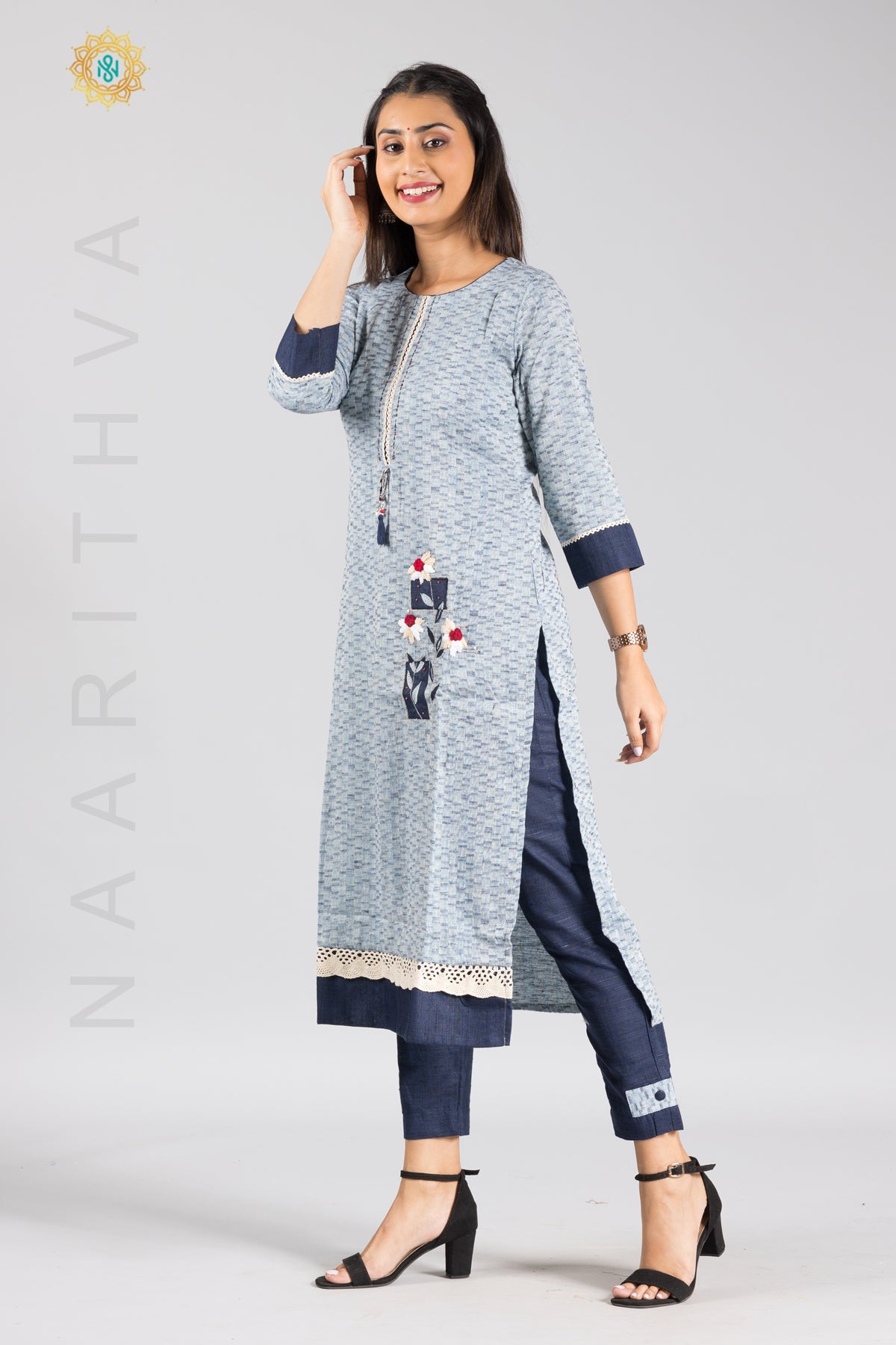 BLUE - COTTON KURTI & BOTTOM SUIT WITH EMBROIDERY WORK