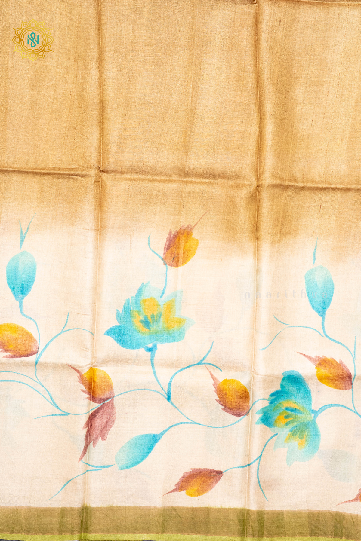 MUSTARD WITH LIGHT GREEN - PURE TUSSAR SILK WITH HAND PAINTED