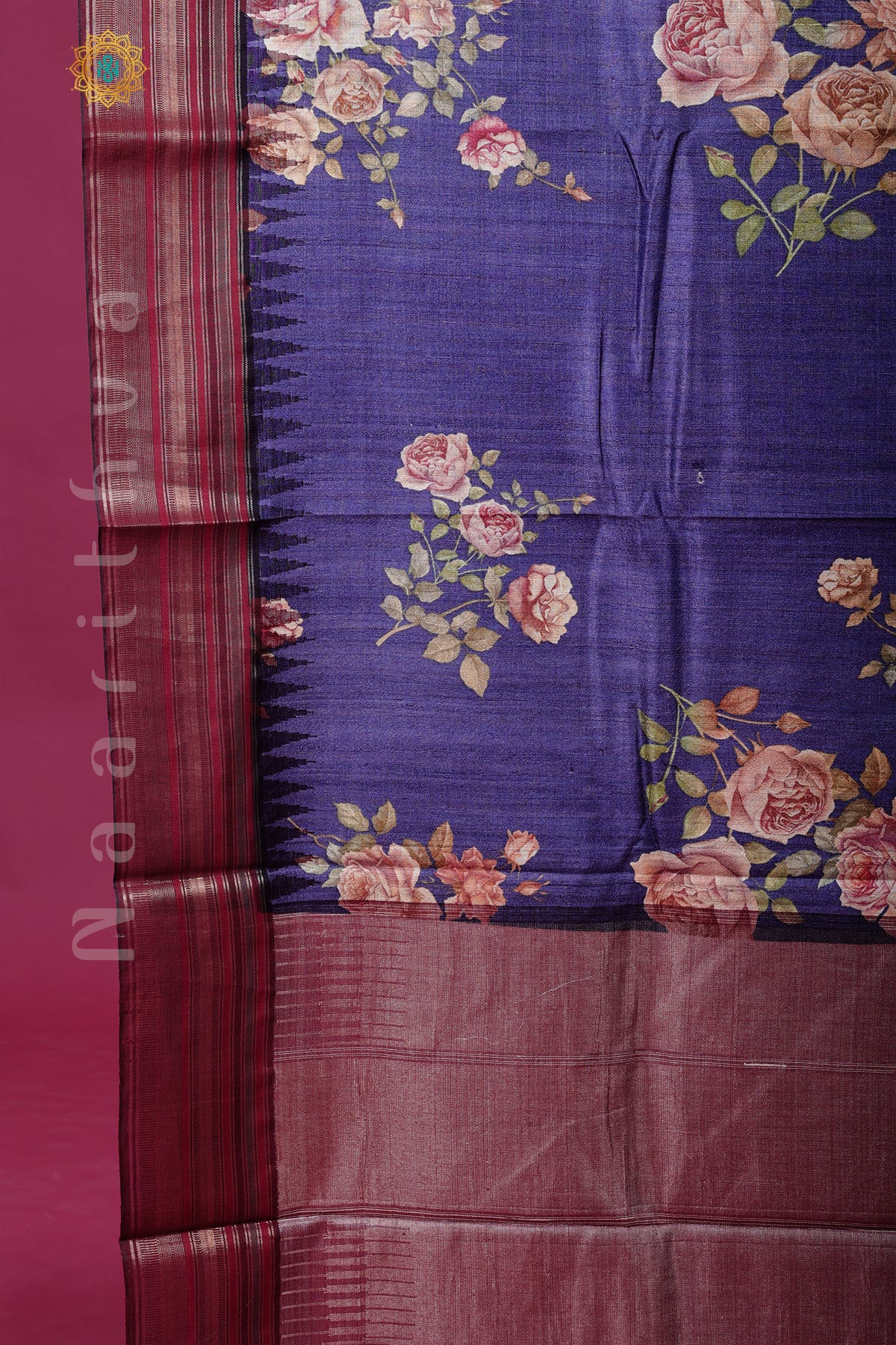 BLUE WITH MAROON - PURE TUSSAR SILK