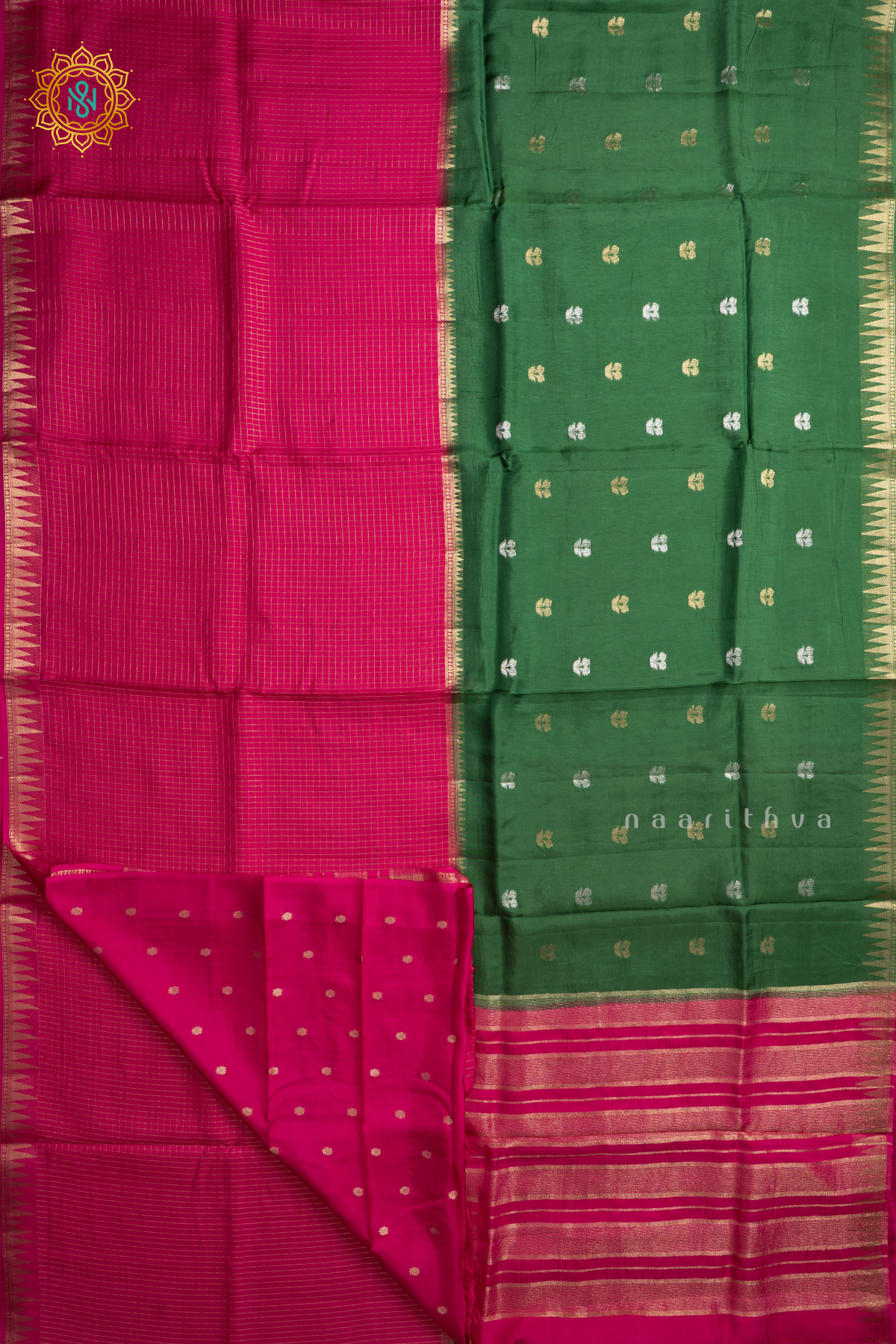 Green With Pink Semi Crepe Silk Saree With Zari Checks & Buttas On The Body With Half & Half Pattern